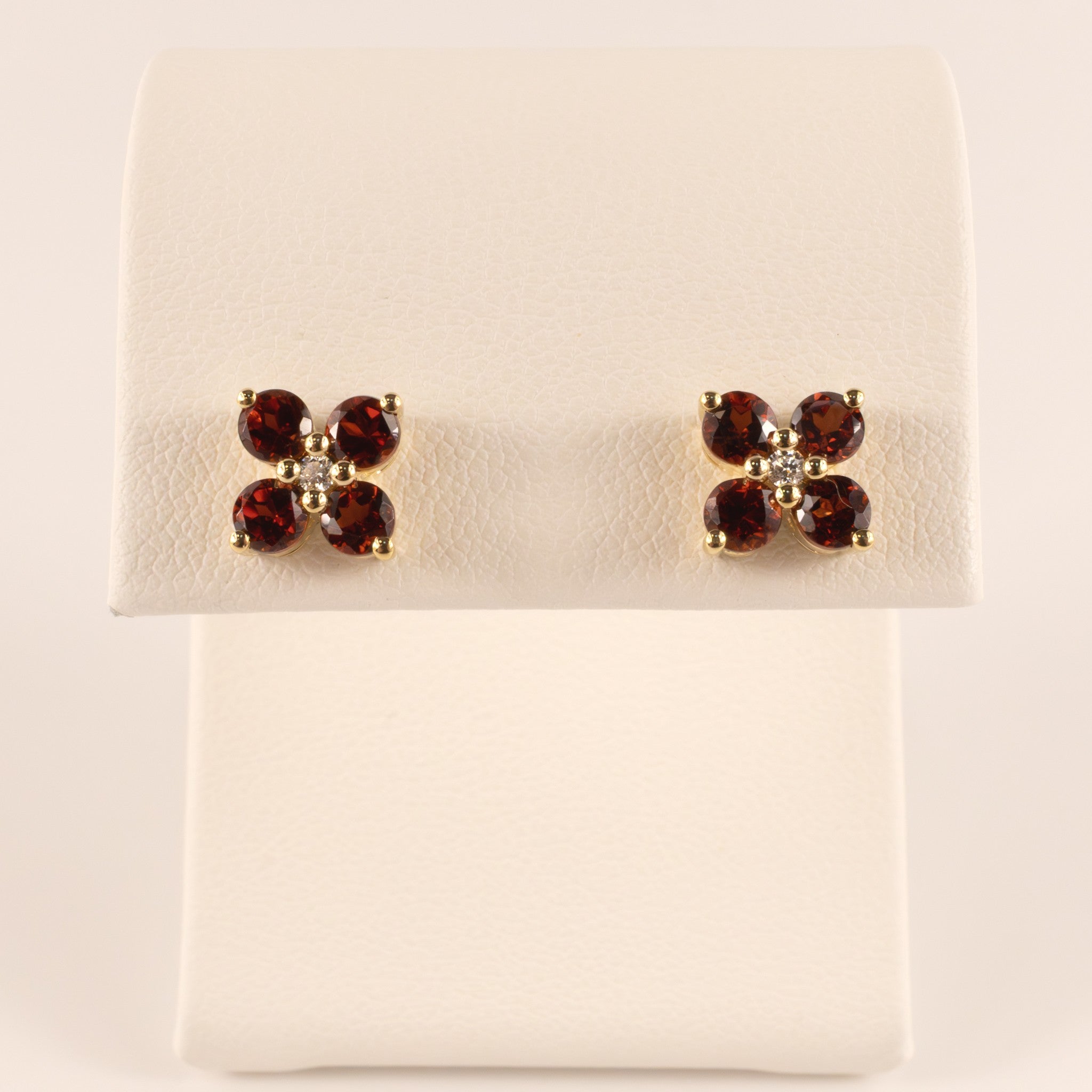 14KYG Garnet and Diamond Flower Stud Earrings