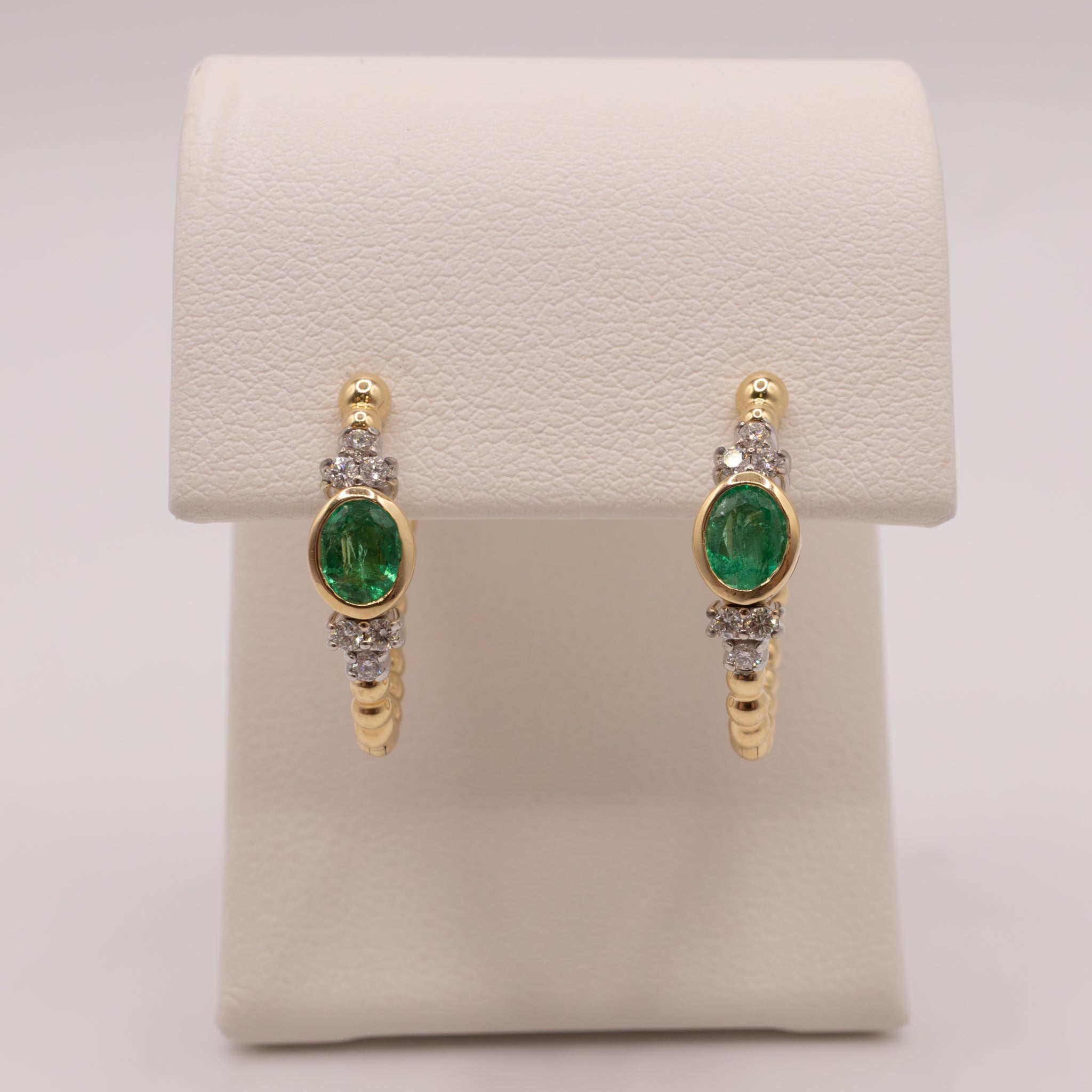 14K Two-Tone Emerald and Diamond Beaded Hoop Earrings