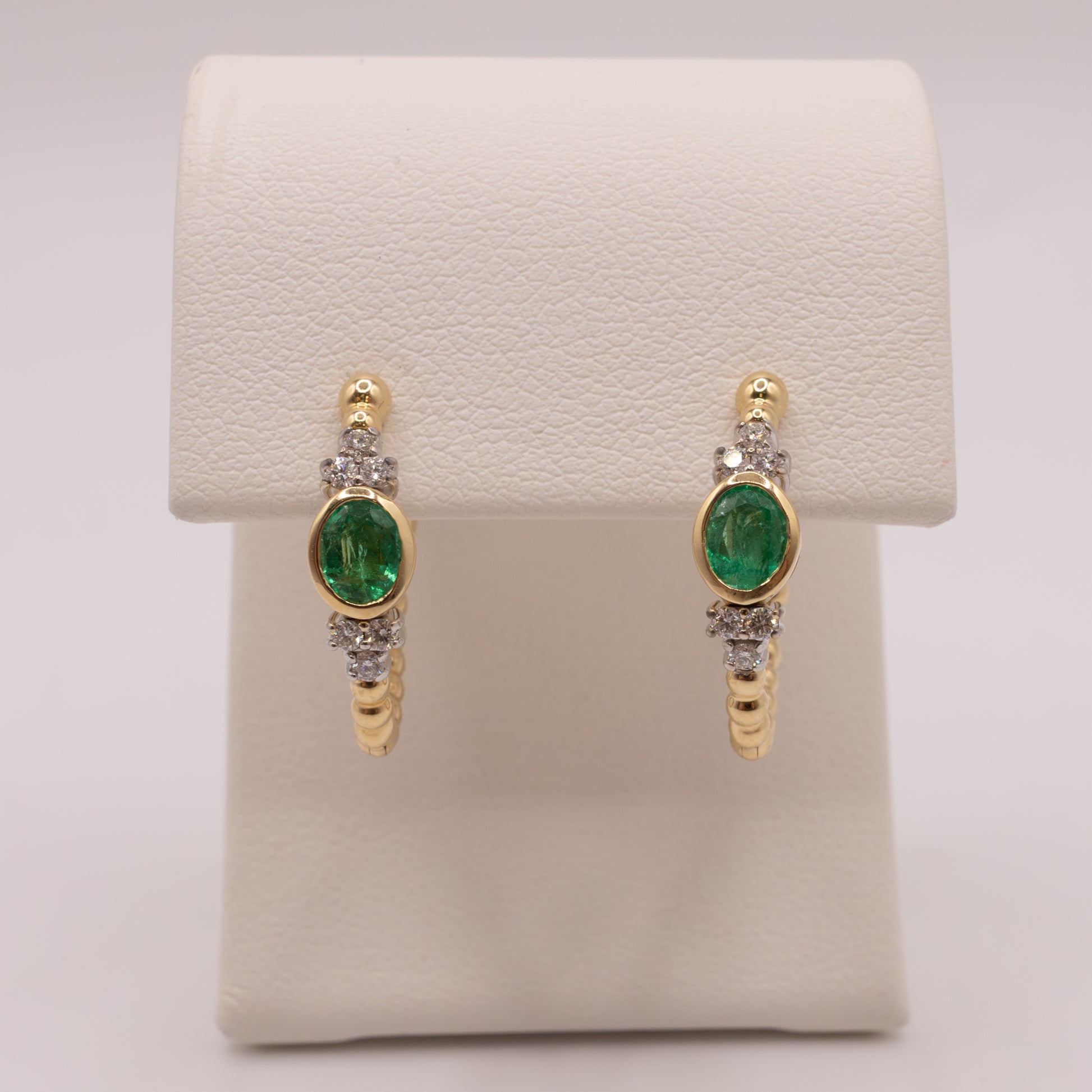 14K Two-Tone Emerald and Diamond Beaded Hoop Earrings