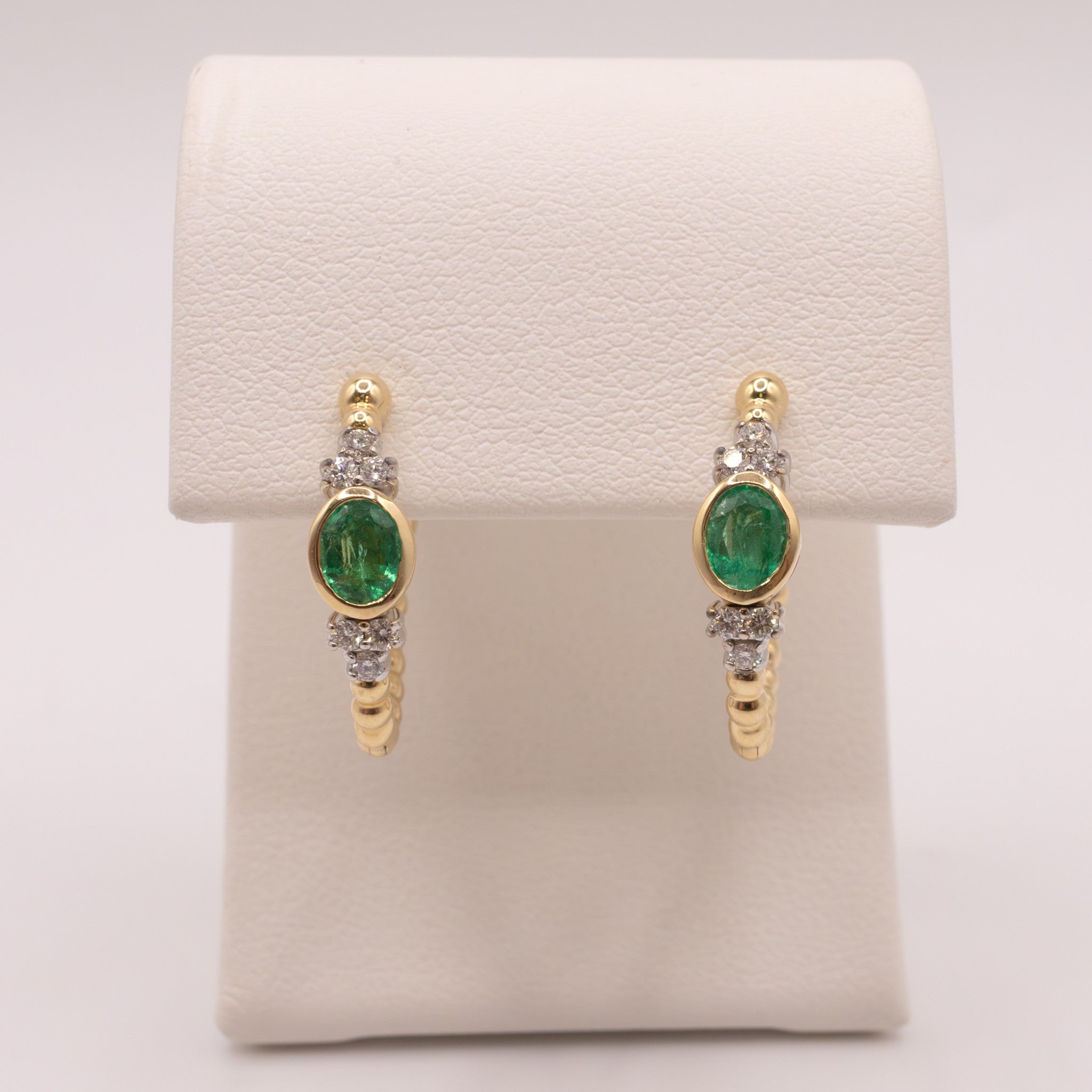 14K Two-Tone Emerald and Diamond Beaded Hoop Earrings