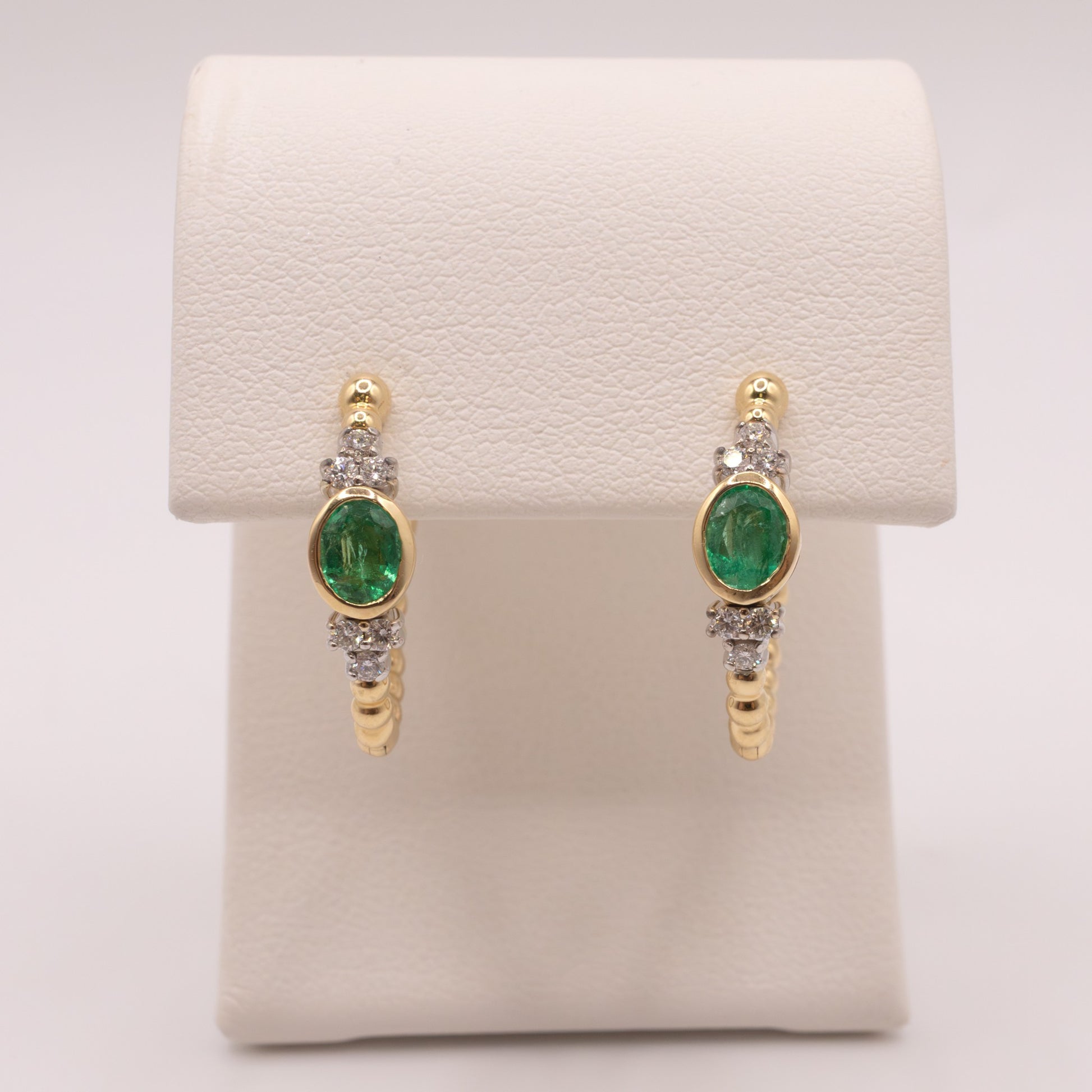 14K Two-Tone Emerald and Diamond Beaded Hoop Earrings