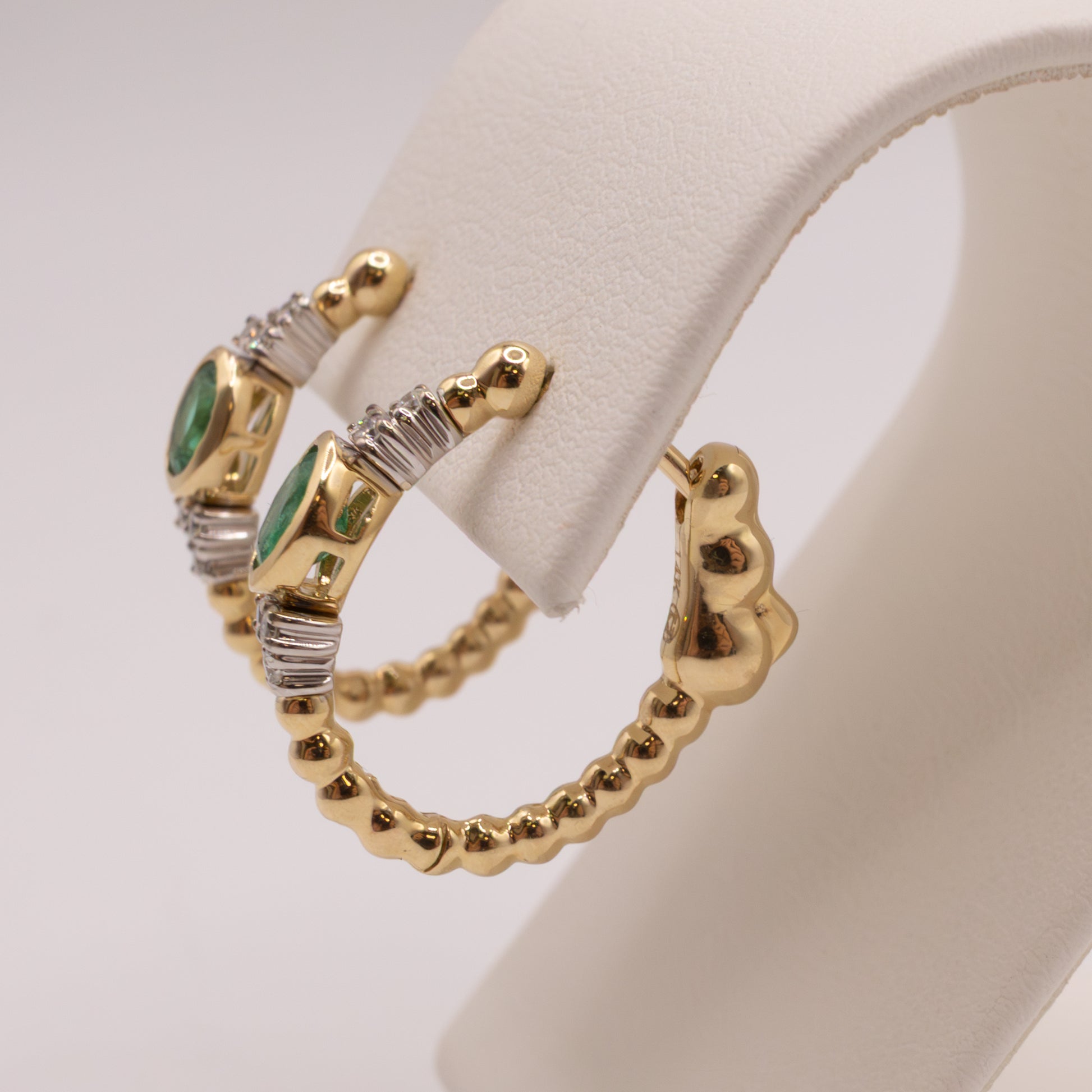14K Two-Tone Emerald and Diamond Beaded Hoop Earrings