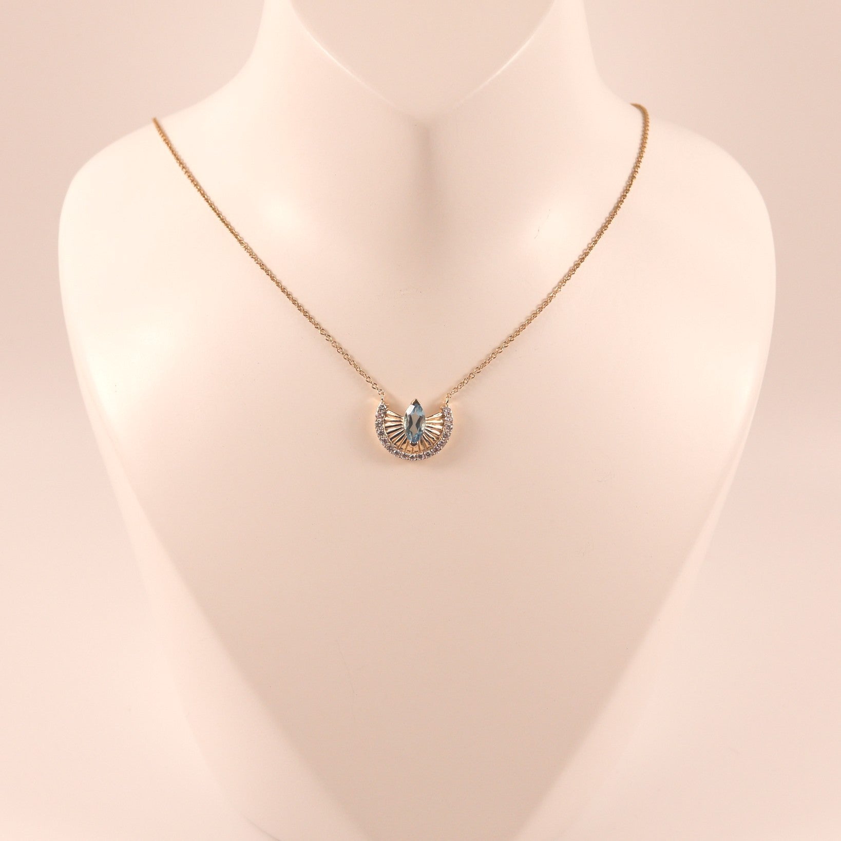 14KYG Blue Topaz and Diamond Fixed Fan Shaped Necklace