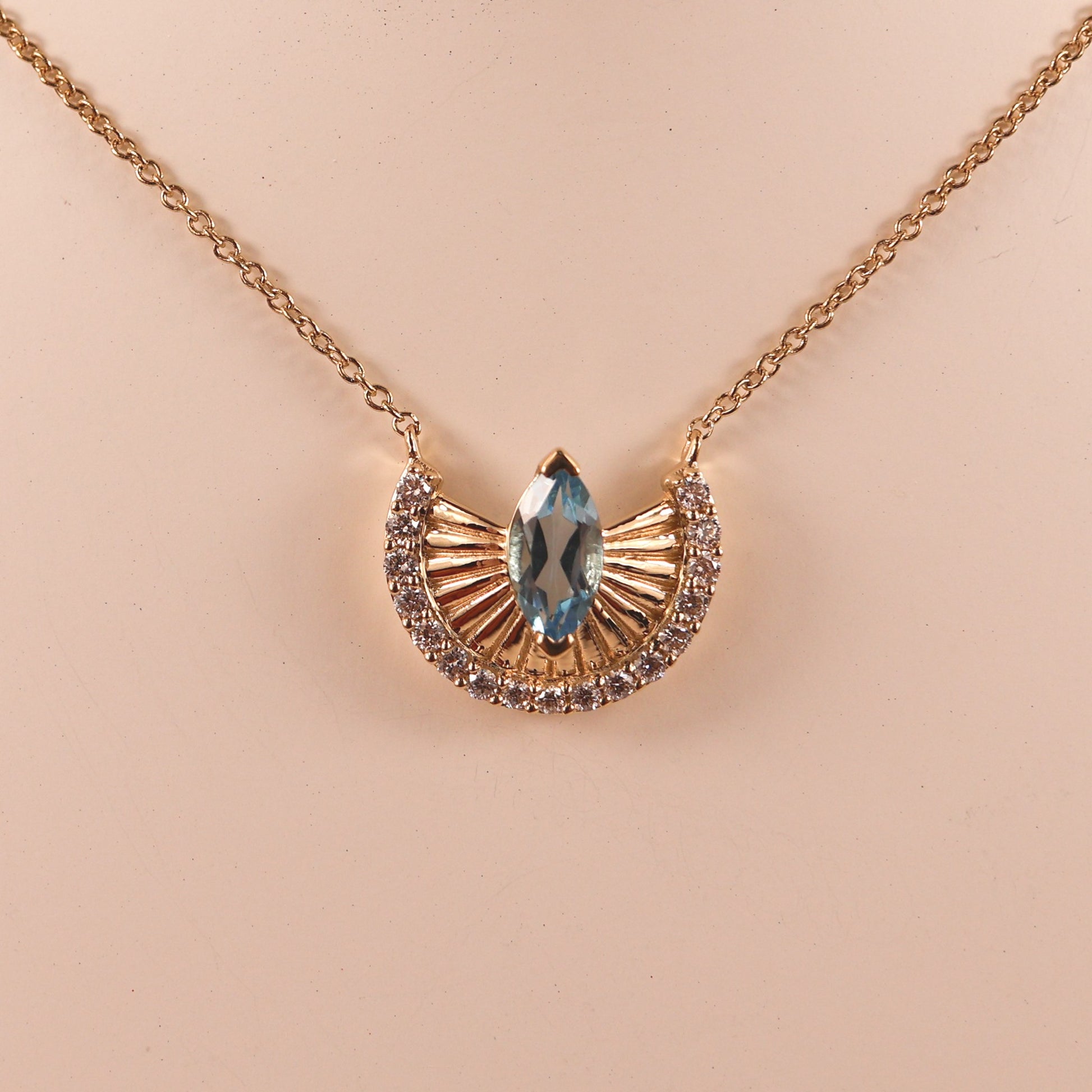 14KYG Blue Topaz and Diamond Fixed Fan Shaped Necklace
