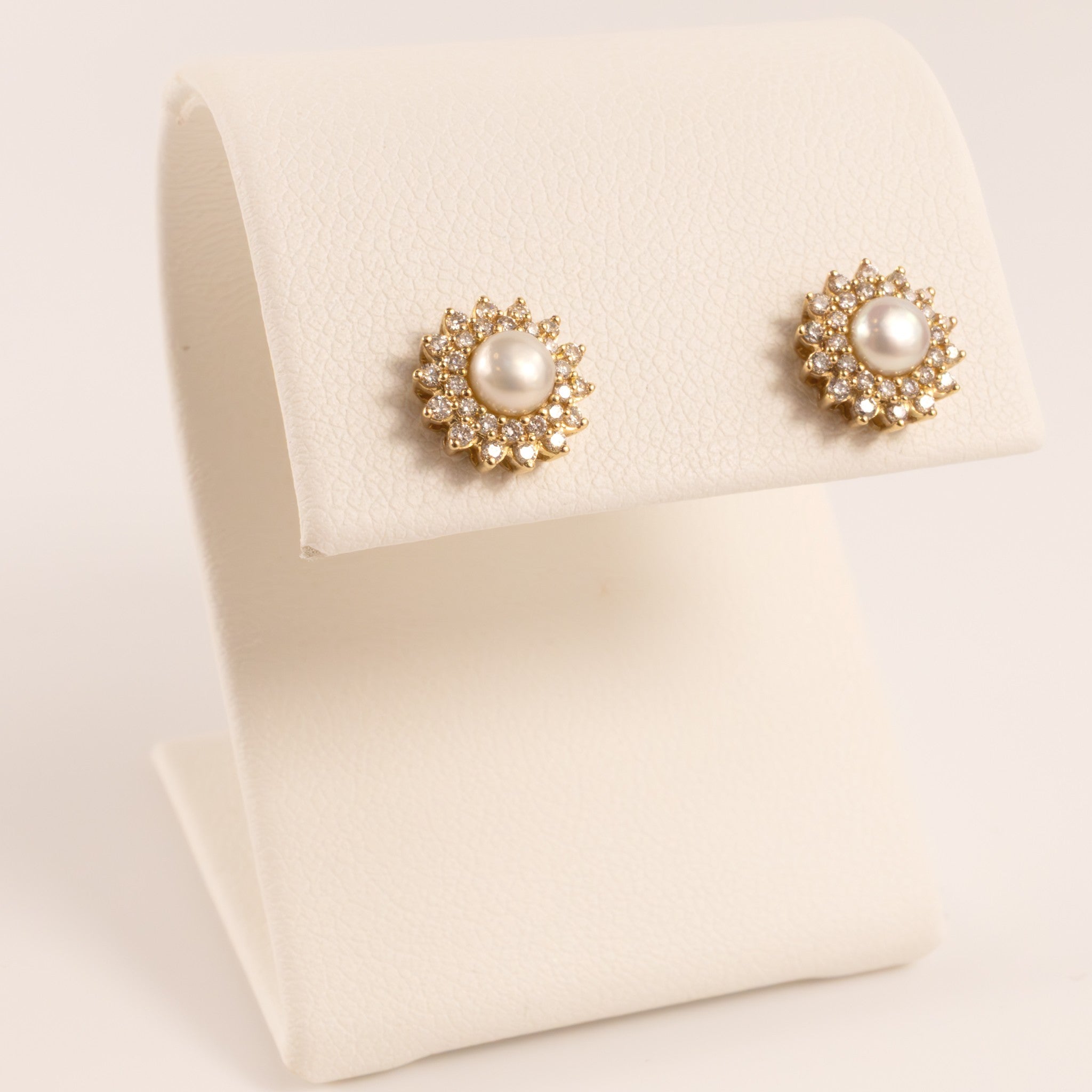14KYG Pearl and Diamond Flower Halo Stud Earrings