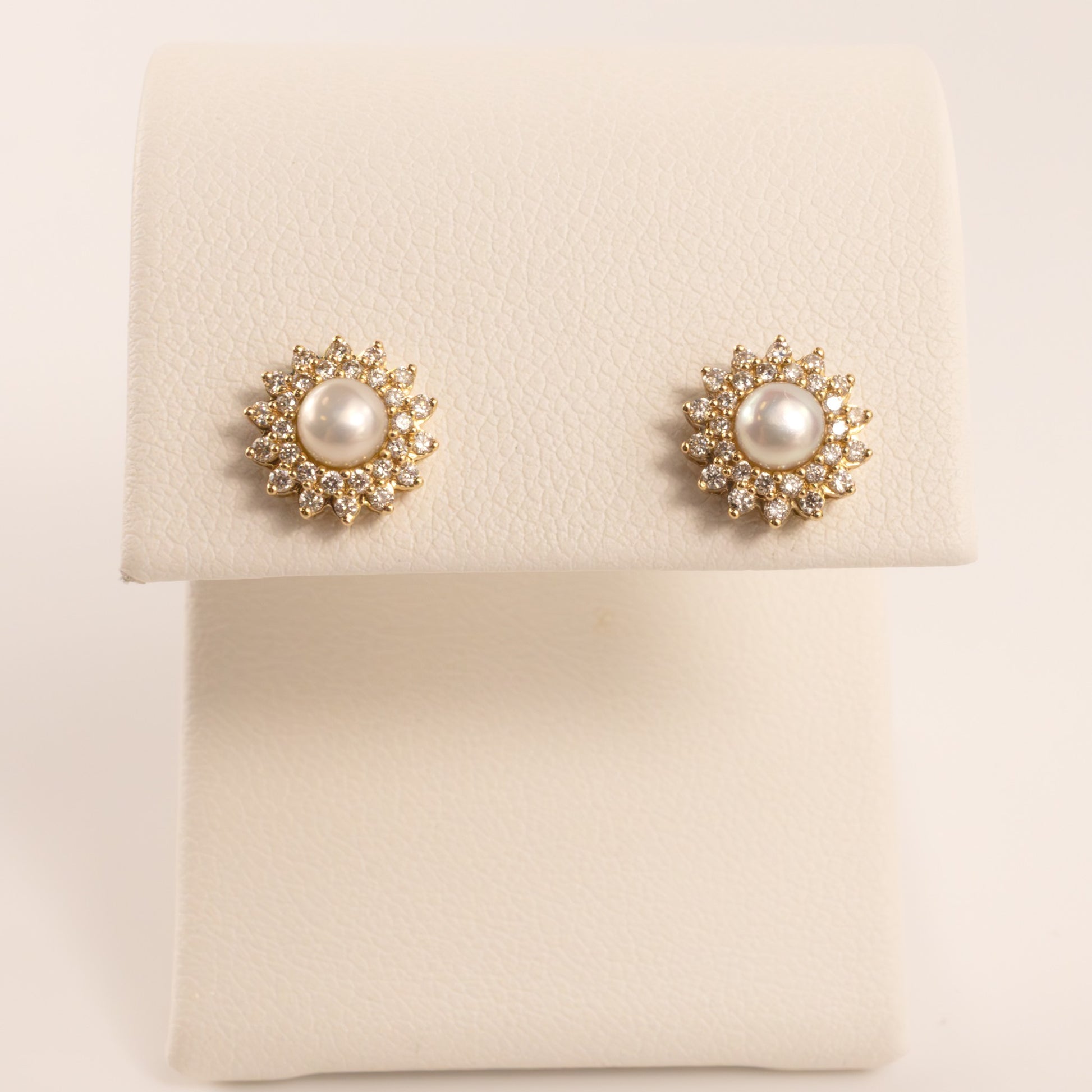 14KYG Pearl and Diamond Flower Halo Stud Earrings