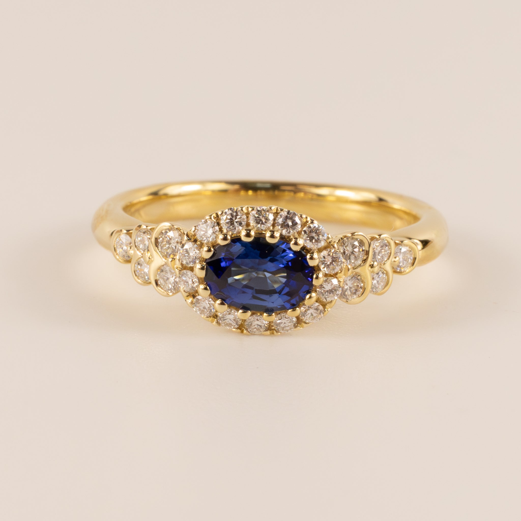 14KYG Sapphire Oval and Diamond Halo and Semi Bezel Accented Ring