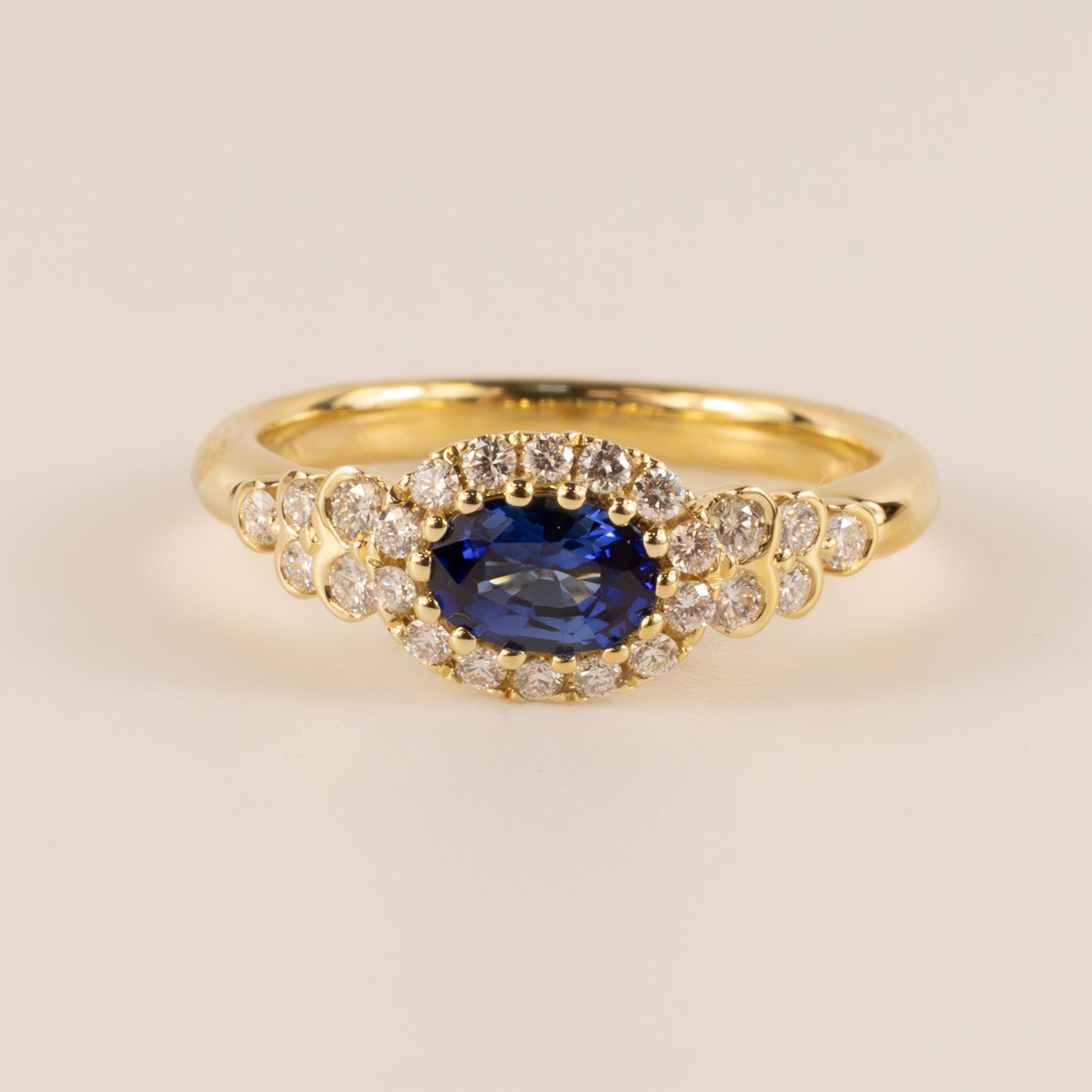 14KYG Sapphire Oval and Diamond Halo and Semi Bezel Accented Ring