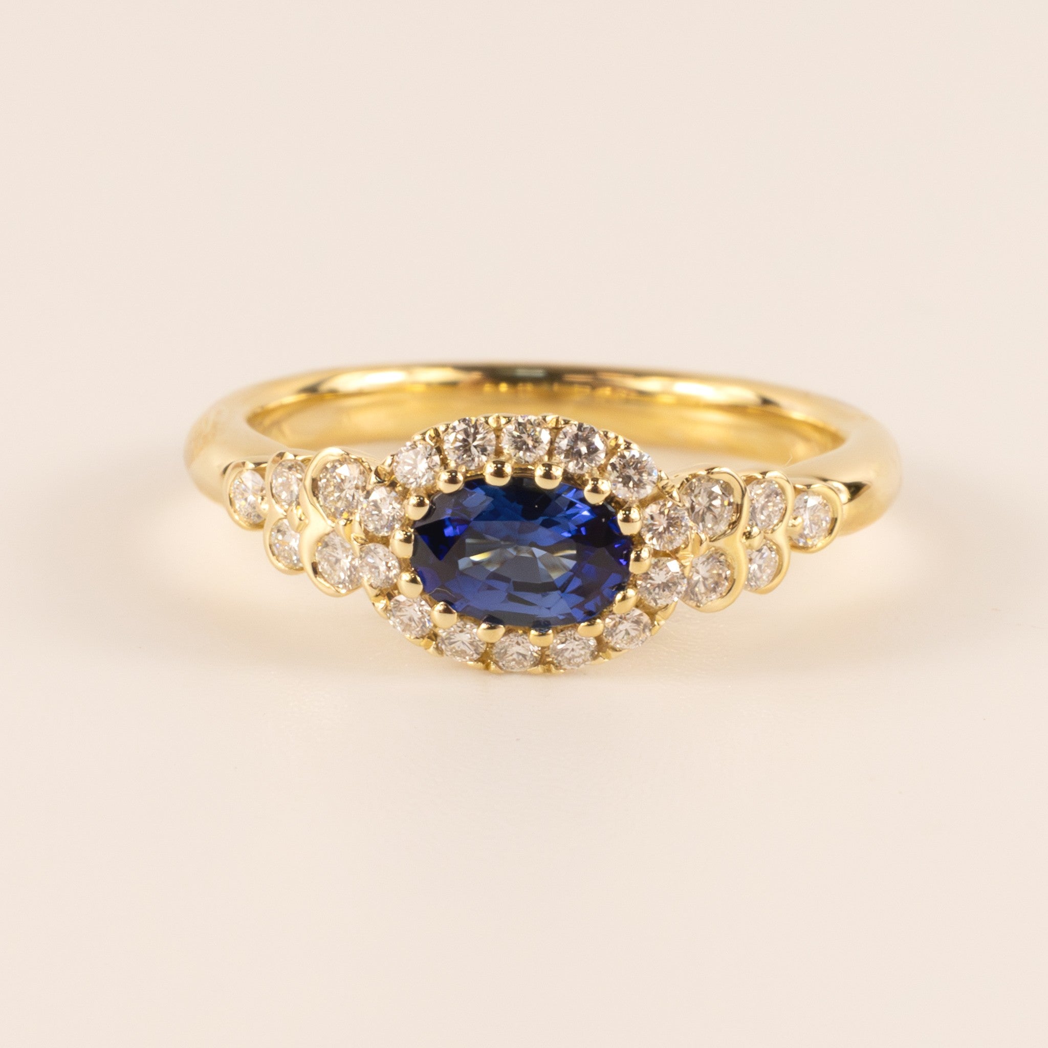 14KYG Sapphire Oval and Diamond Halo and Semi Bezel Accented Ring