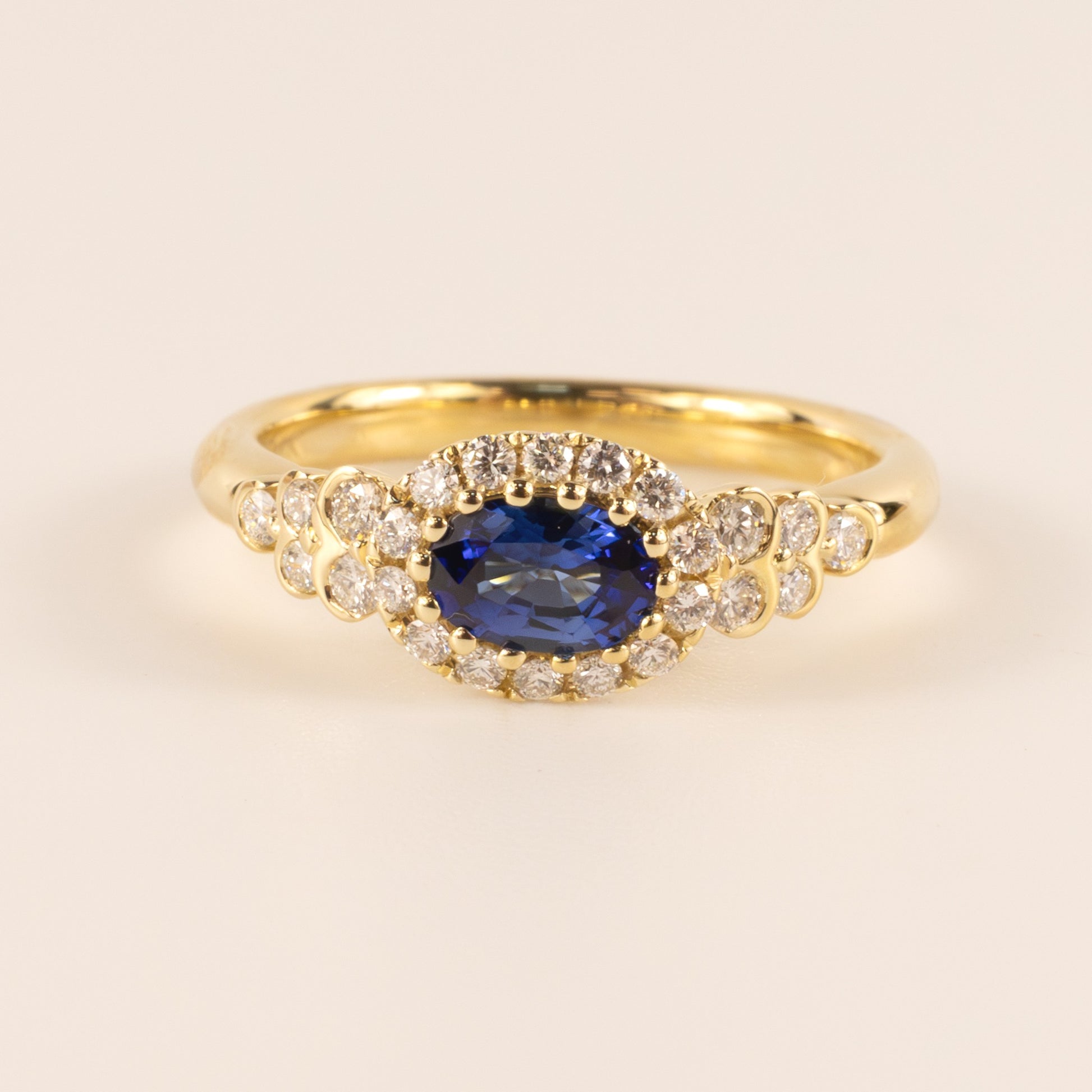 14KYG Sapphire Oval and Diamond Halo and Semi Bezel Accented Ring
