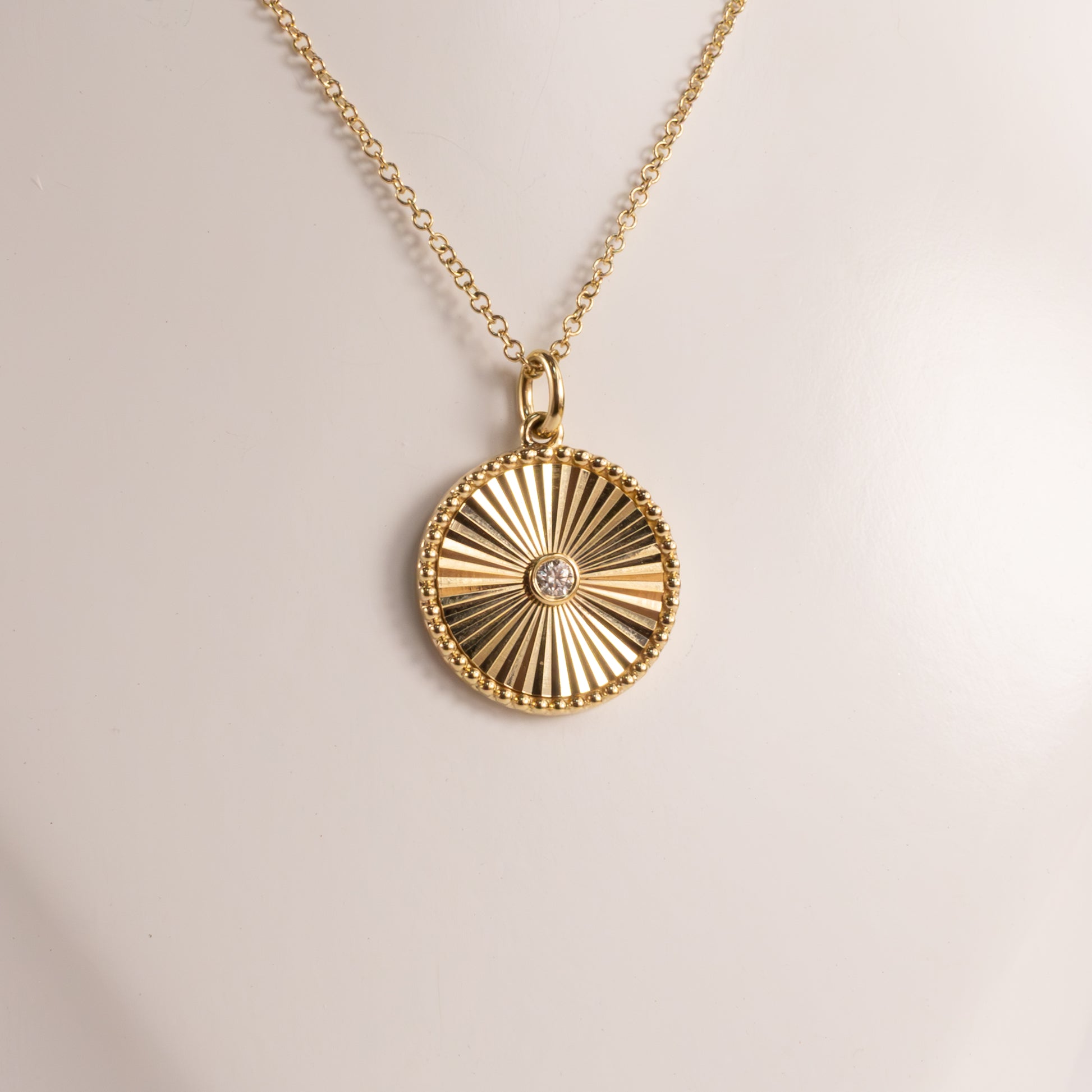 14KYG Diamond 0.04cttw Bezel Set Engraved Disc Necklace