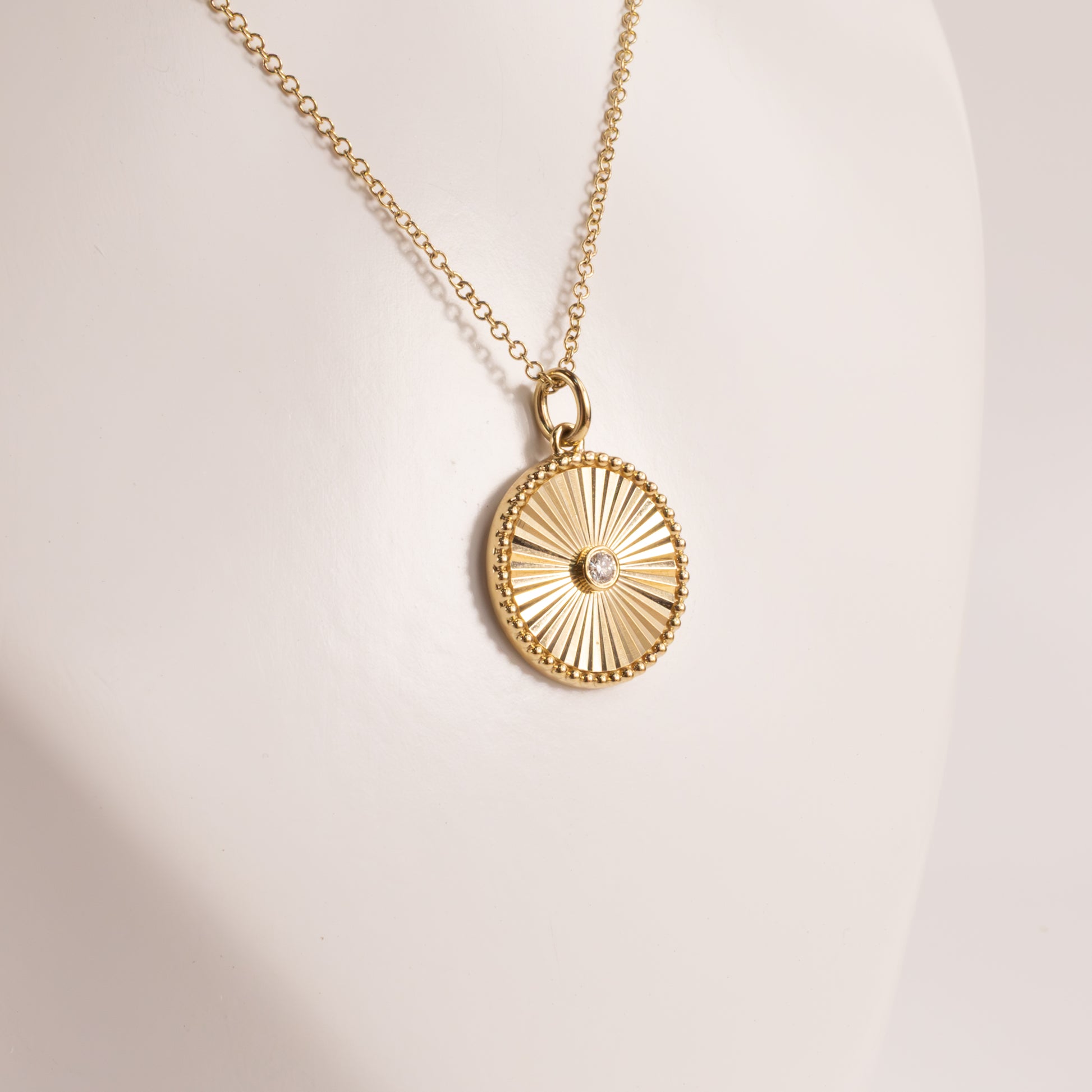 14KYG Diamond 0.04cttw Bezel Set Engraved Disc Necklace