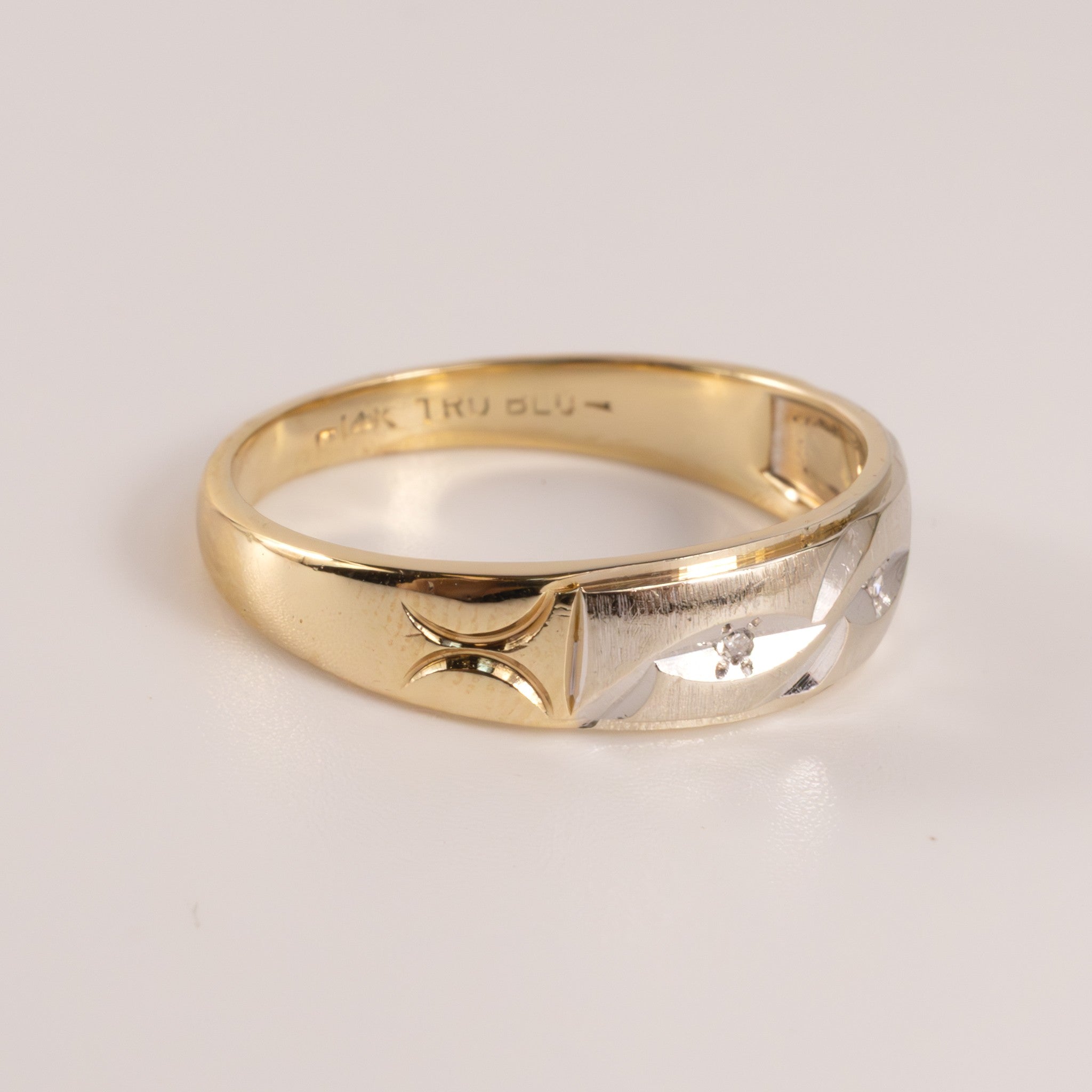14K Two-Tone Diamond Three-Stone Engraved Mens Ring