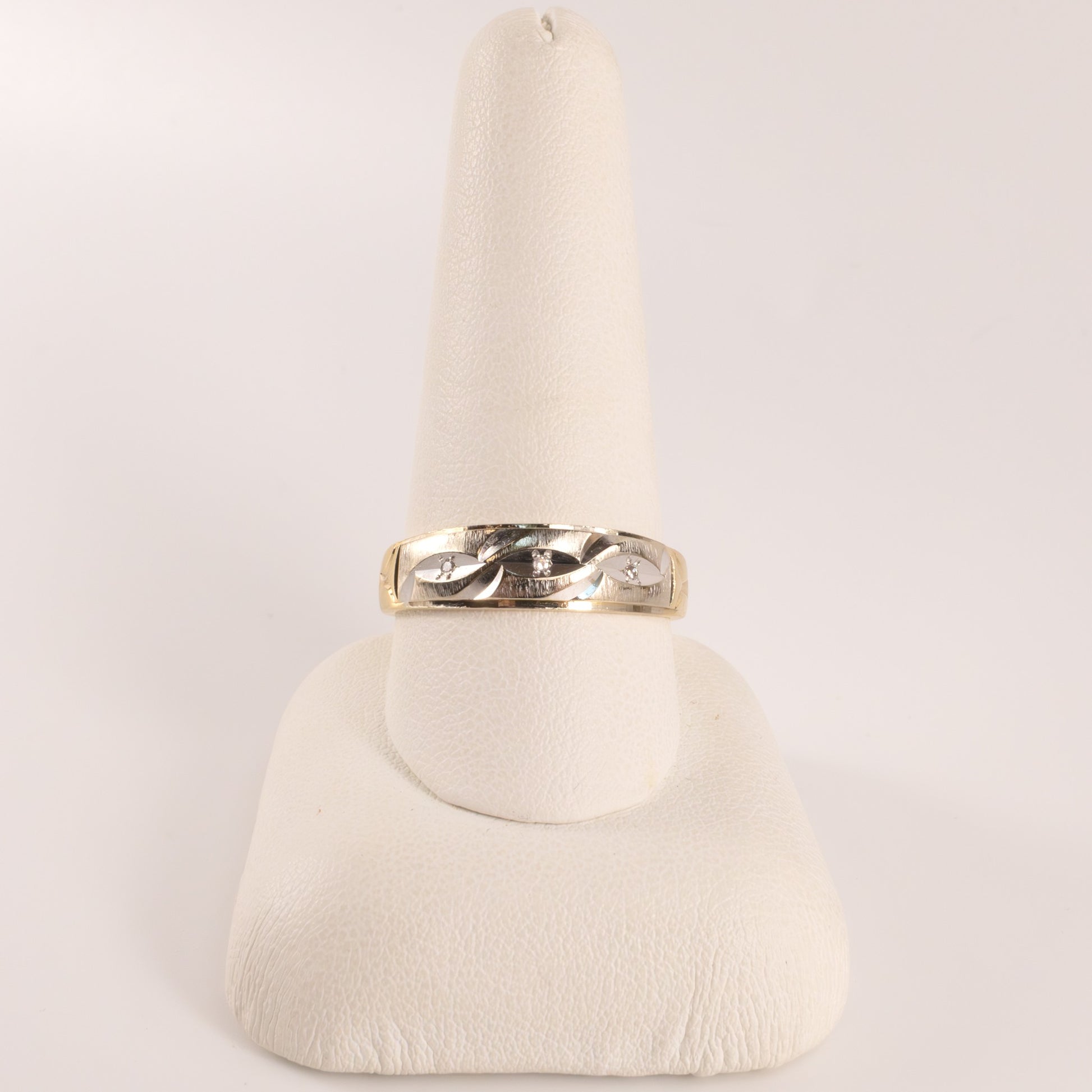 14K Two-Tone Diamond Three-Stone Engraved Mens Ring