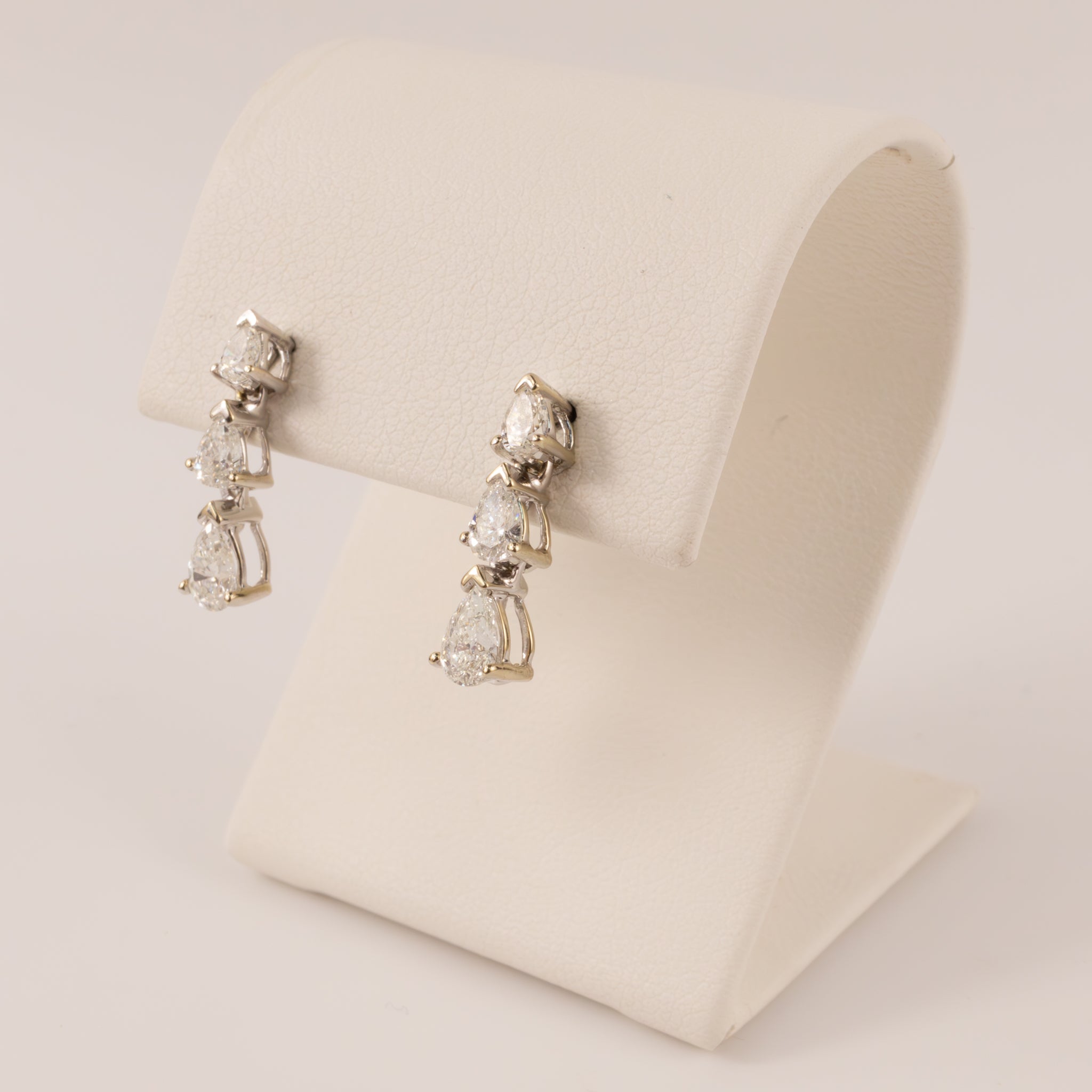 14KWG Diamond 3-Stone Pear Drop Earrings