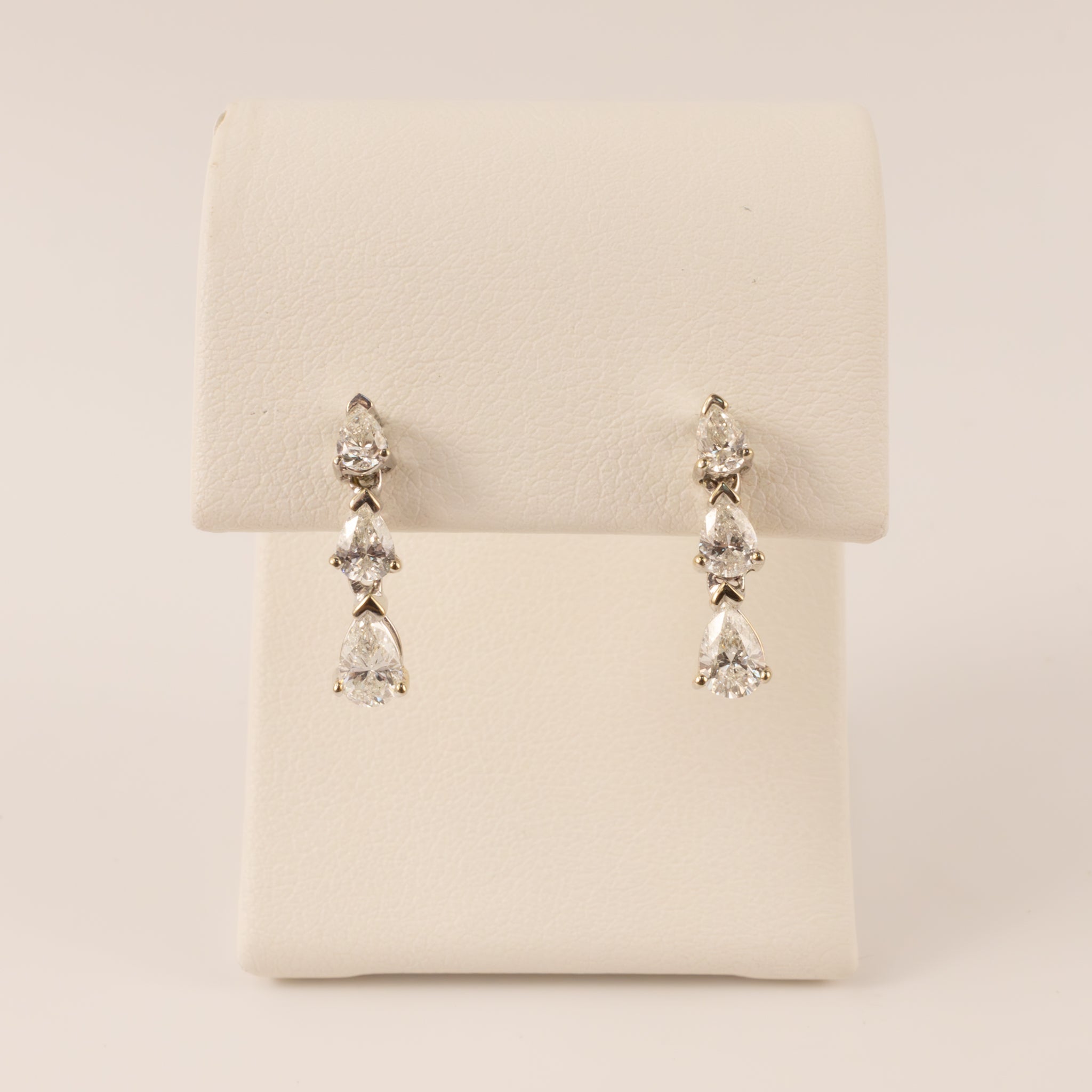 14KWG Diamond 3-Stone Pear Drop Earrings