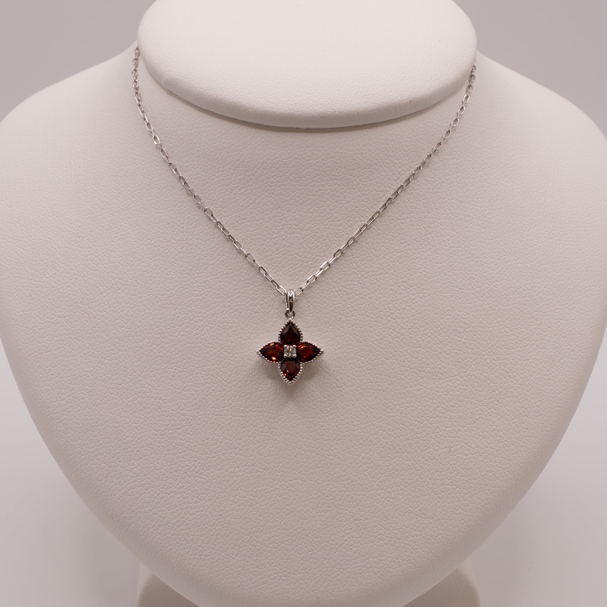14KWG Garnet and Diamond Flower Necklace