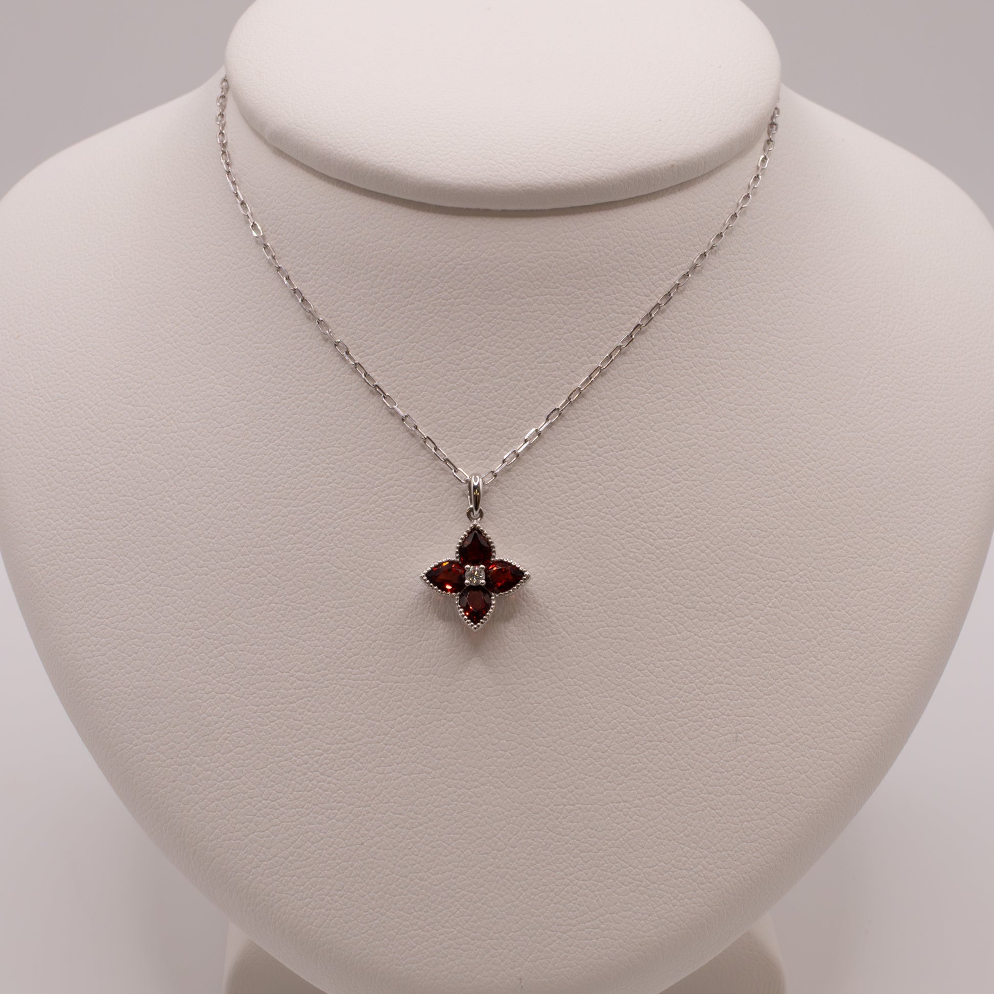 14KWG Garnet and Diamond Flower Necklace