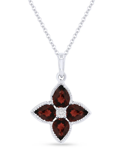 14KWG Garnet and Diamond Flower Necklace