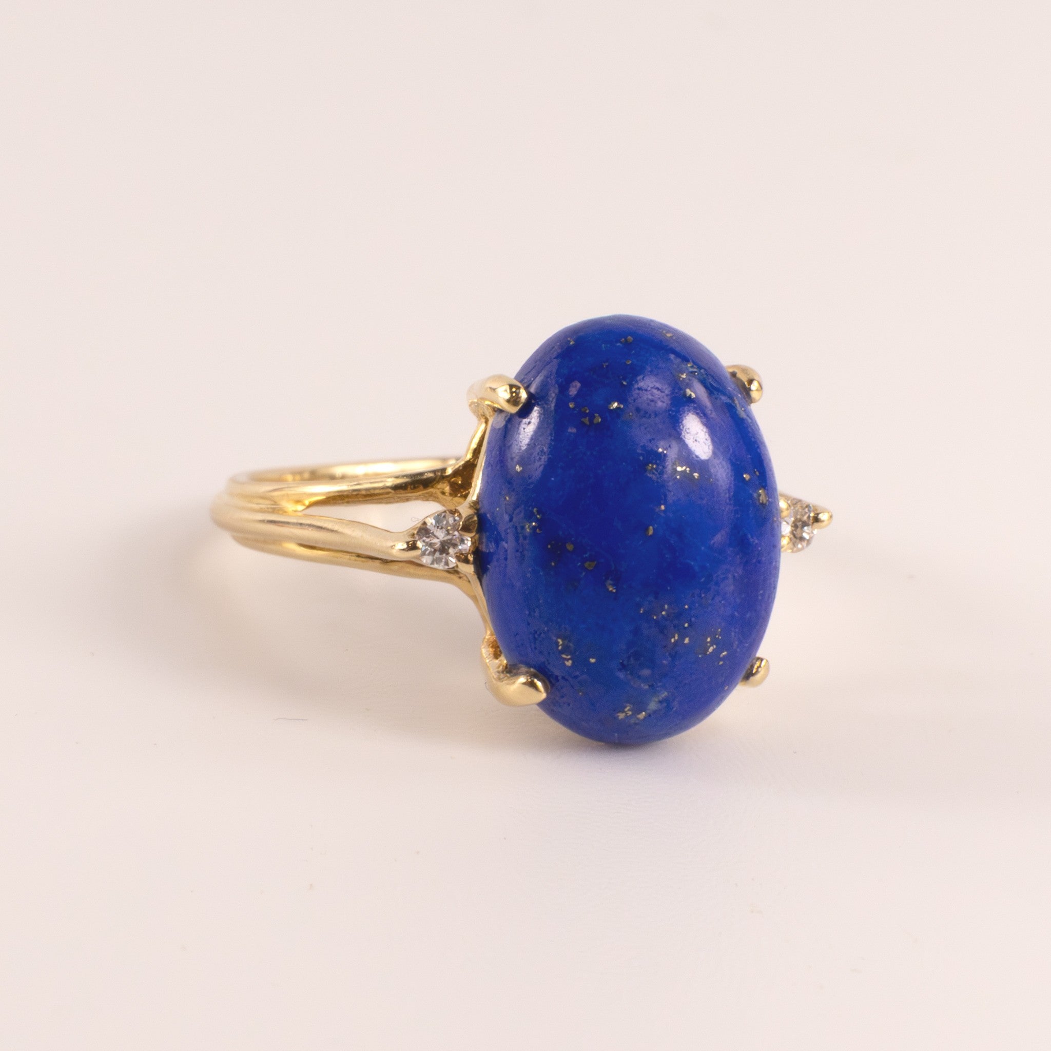 14KYG Lapis Lazuli Cabochon with Accent Diamonds Basket Cathedral Ring
