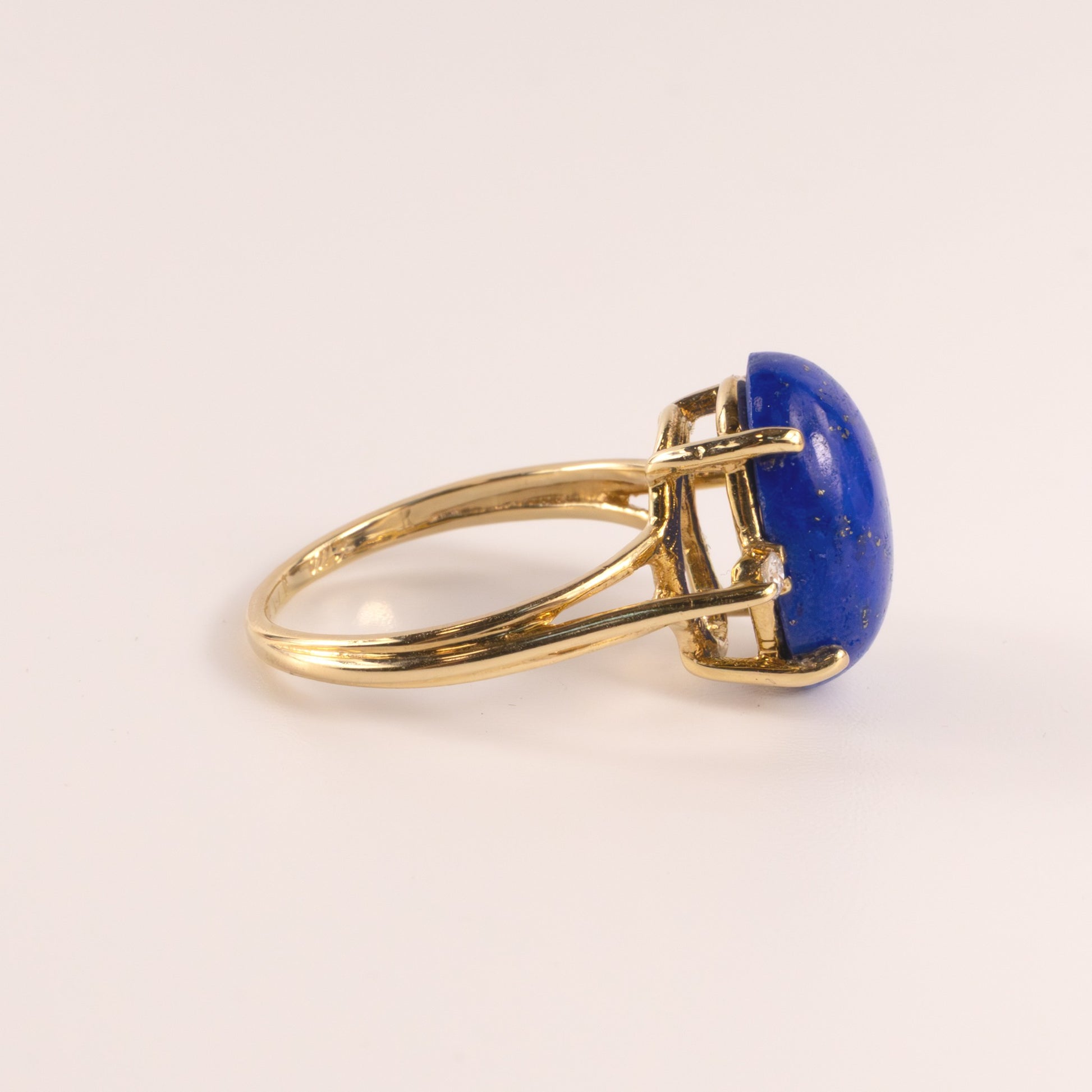 14KYG Lapis Lazuli Cabochon with Accent Diamonds Basket Cathedral Ring