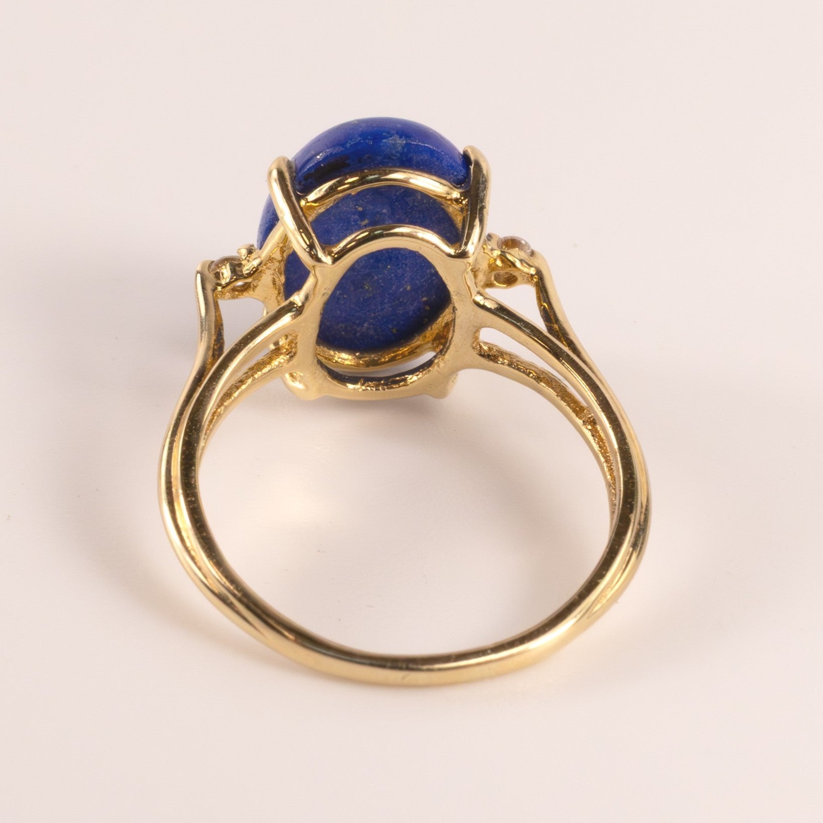 14KYG Lapis Lazuli Cabochon with Accent Diamonds Basket Cathedral Ring