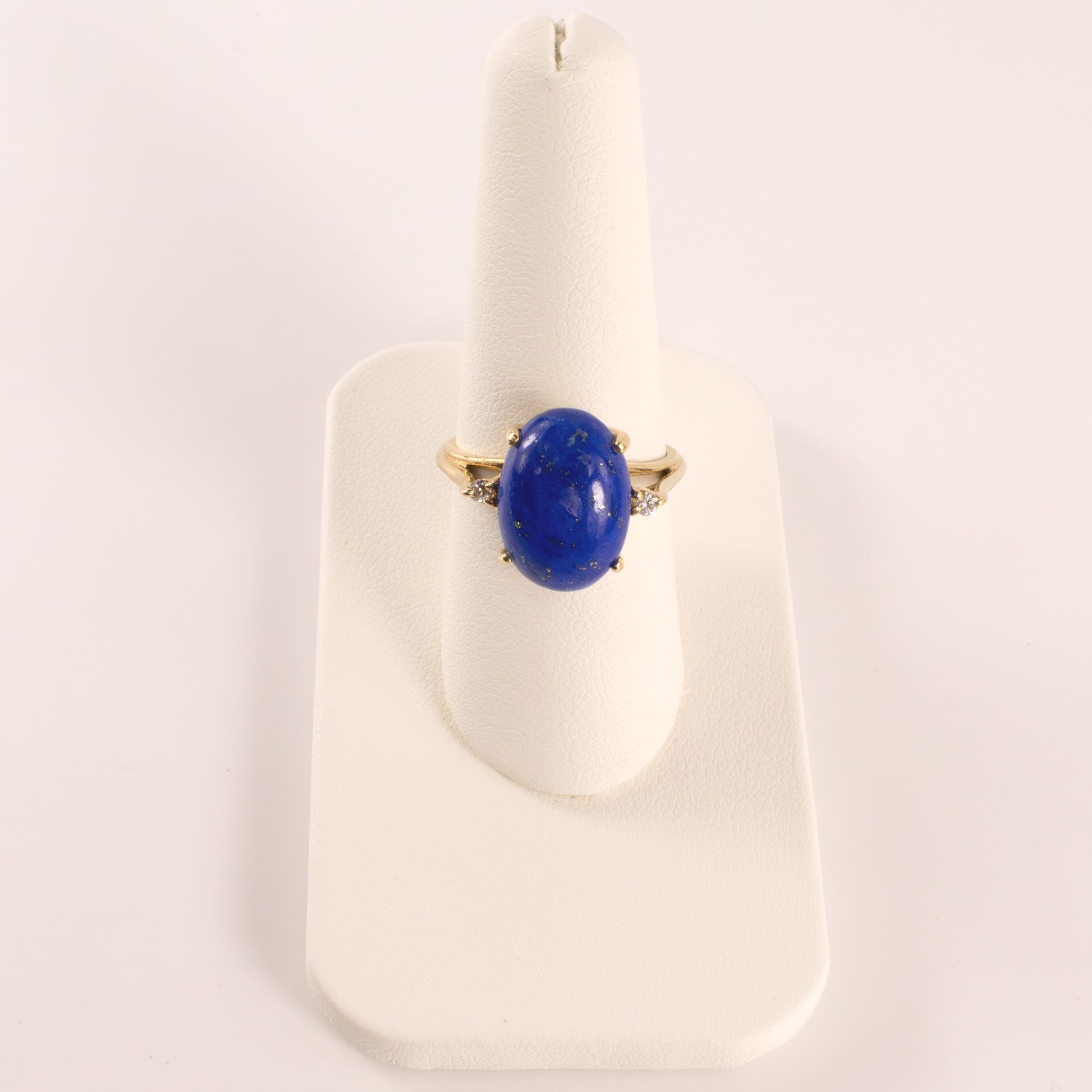 14KYG Lapis Lazuli Cabochon with Accent Diamonds Basket Cathedral Ring