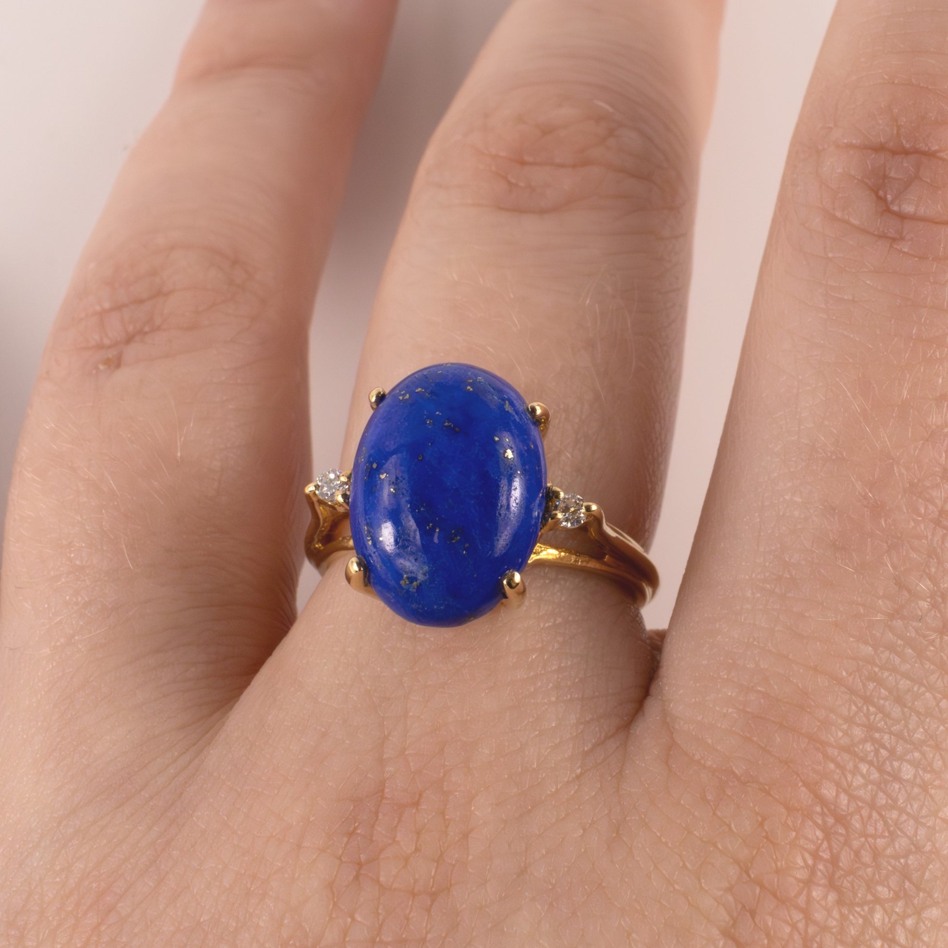 14KYG Lapis Lazuli Cabochon with Accent Diamonds Basket Cathedral Ring