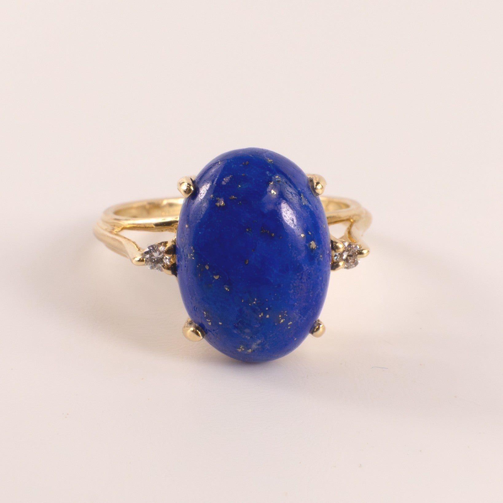 14KYG Lapis Lazuli Cabochon with Accent Diamonds Basket Cathedral Ring