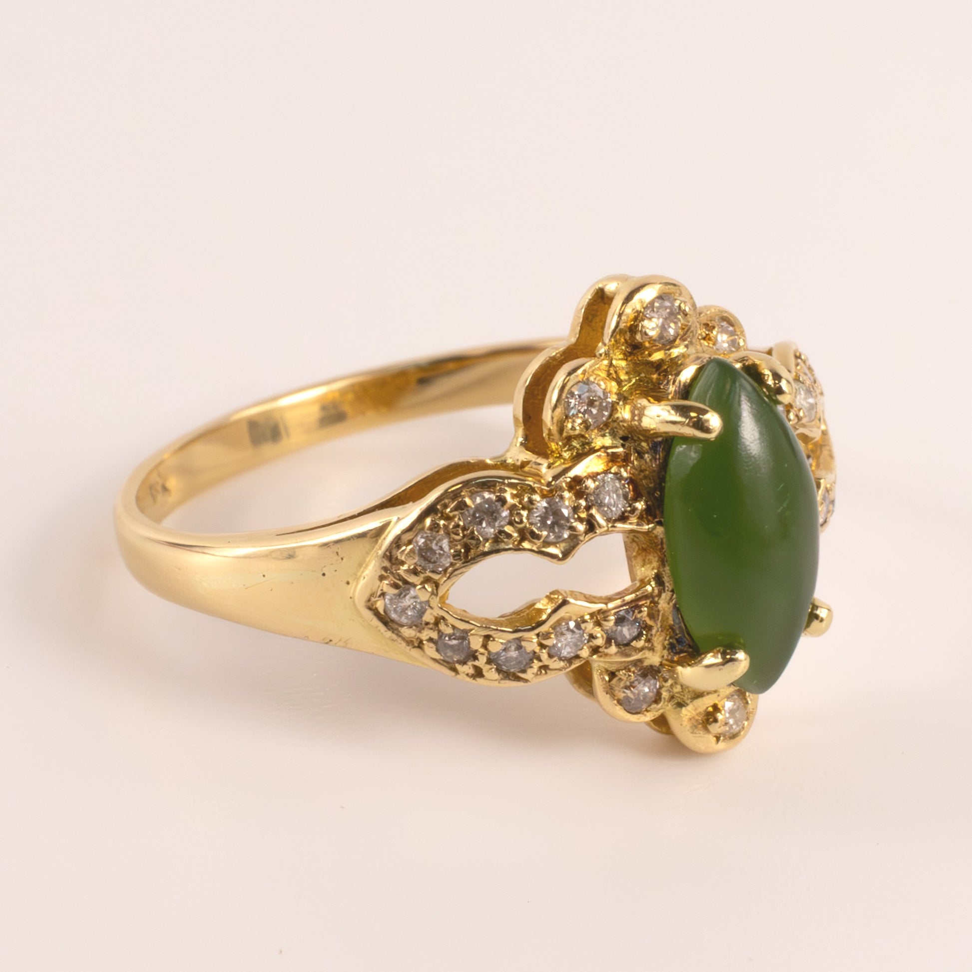 18KYG Nephrite Jade and Diamond Cut Out Ring