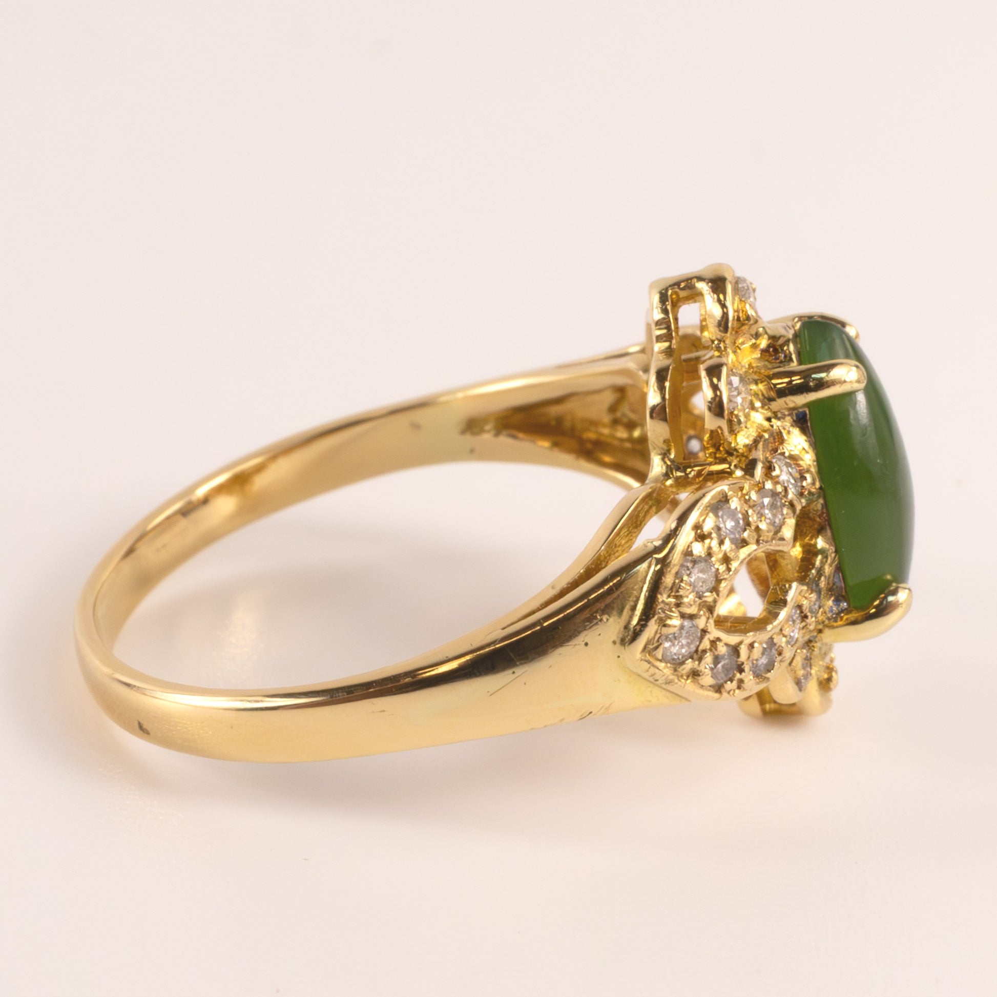 18KYG Nephrite Jade and Diamond Cut Out Ring