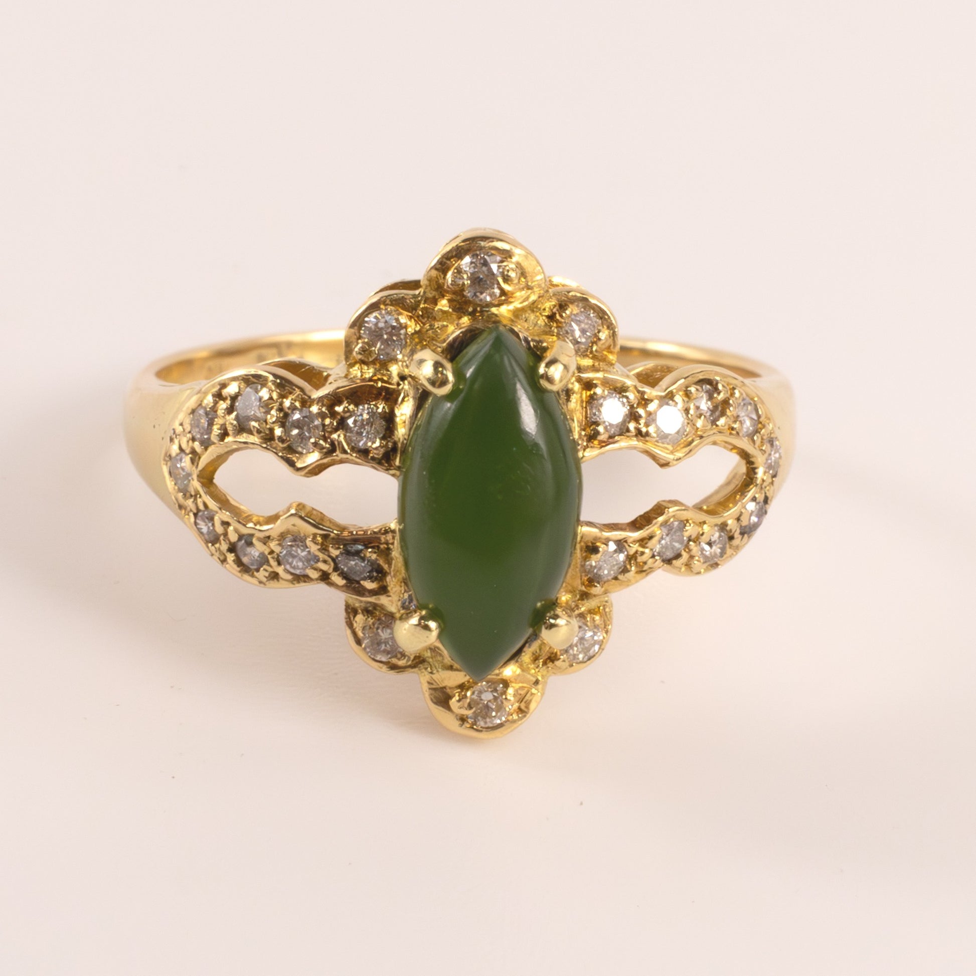 18KYG Nephrite Jade and Diamond Cut Out Ring