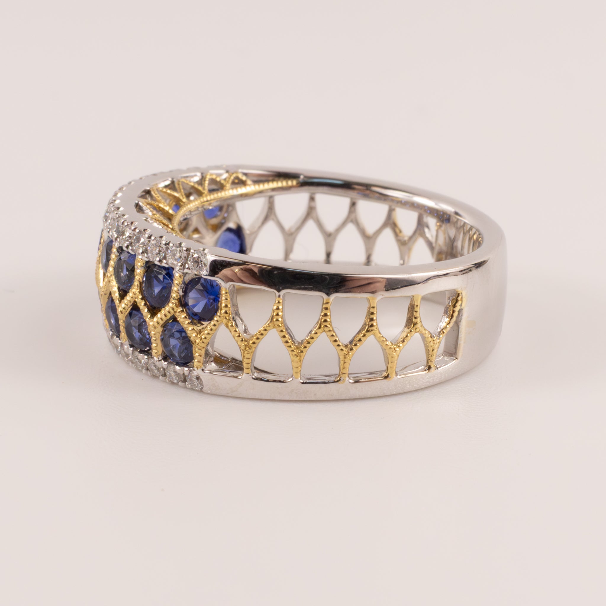 18K Two-Tone Sapphire and Diamond Net Wide Band
