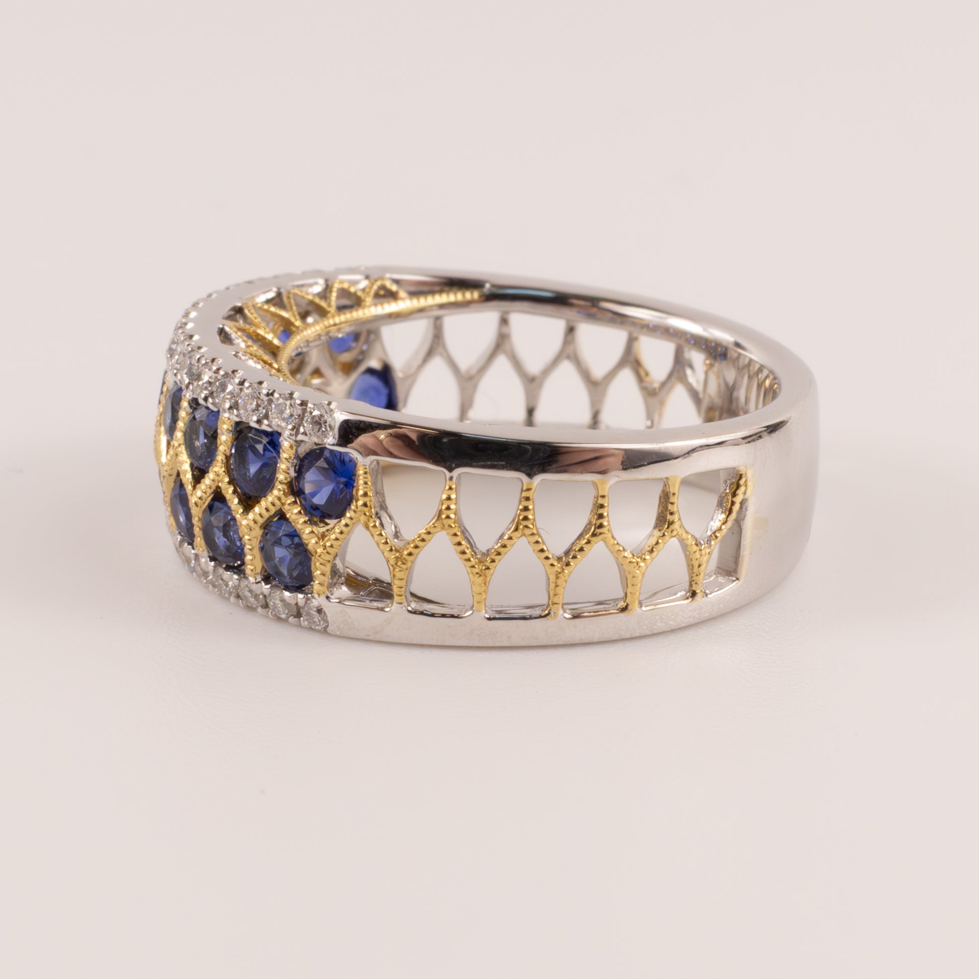 18K Two-Tone Sapphire and Diamond Net Wide Band