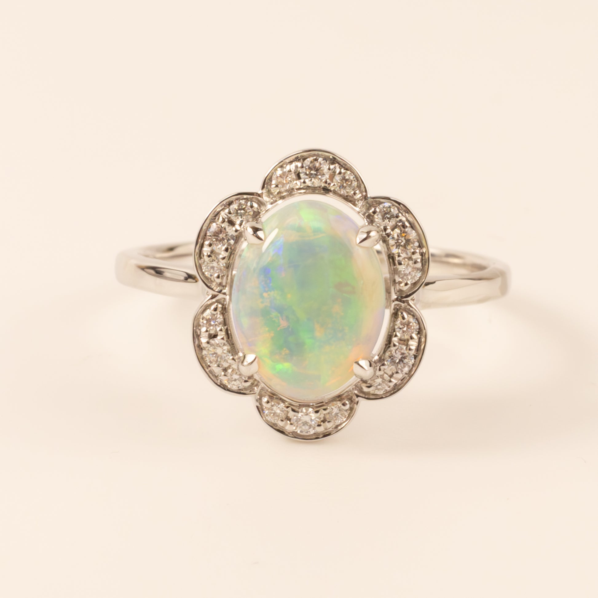 14KWG Opal Oval and Flower Diamond Halo Ring