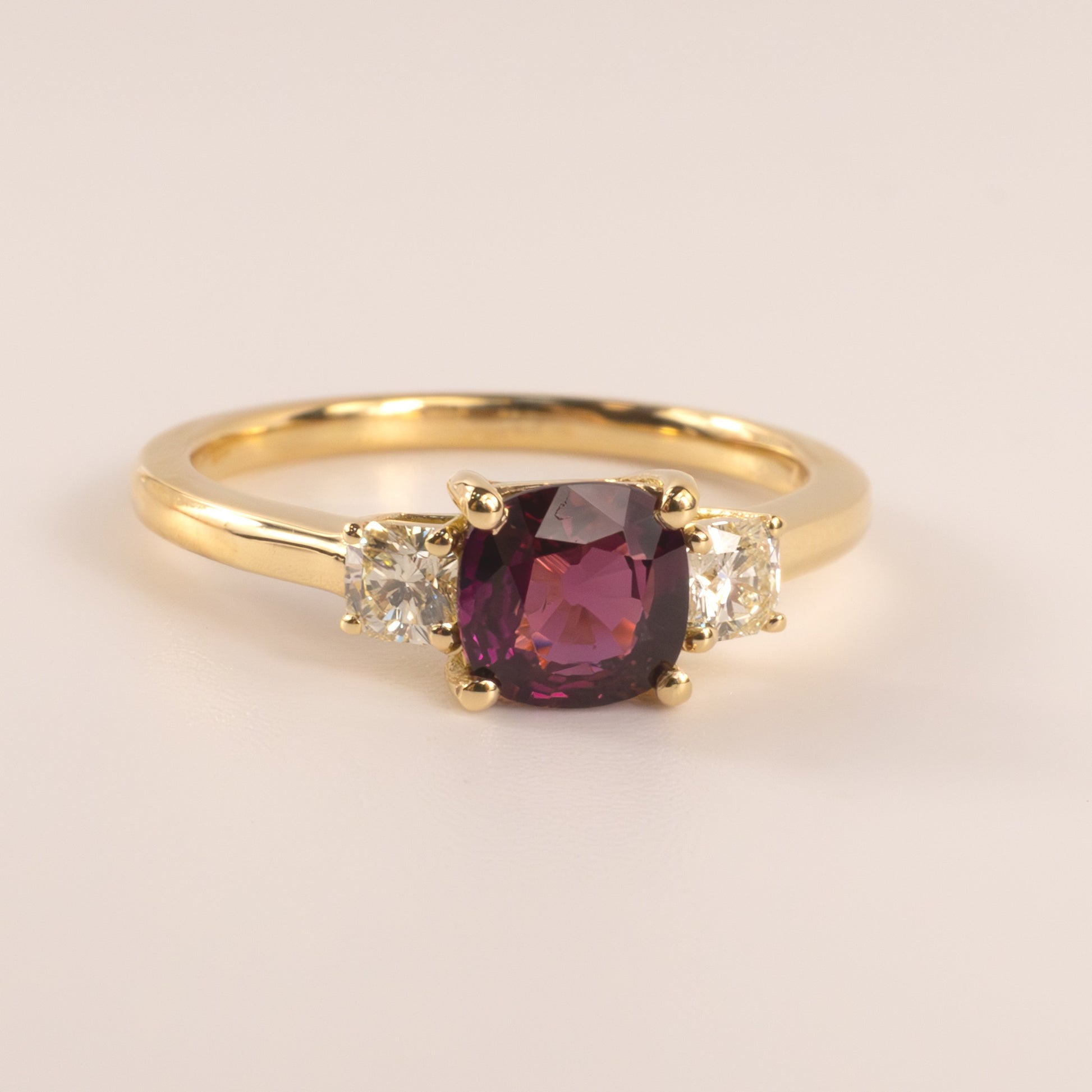 18KYG Ruby and Diamond Cushion 3-Stone Ring