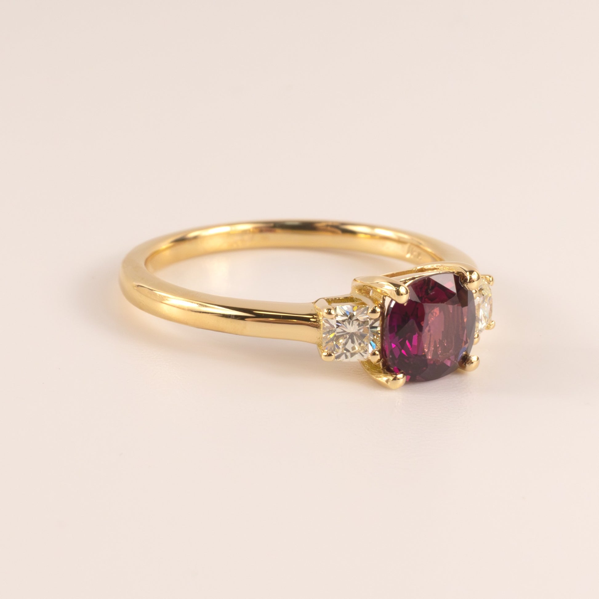 18KYG Ruby and Diamond Cushion 3-Stone Ring