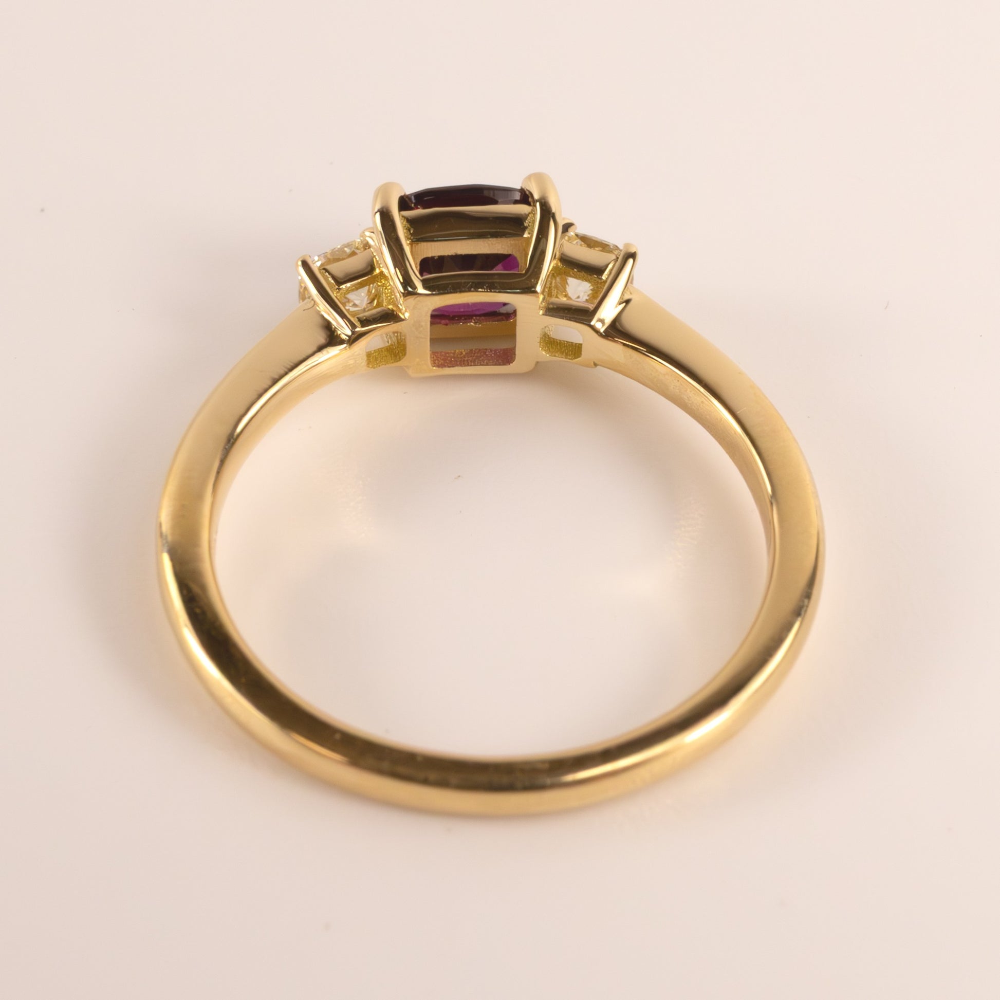 18KYG Ruby and Diamond Cushion 3-Stone Ring