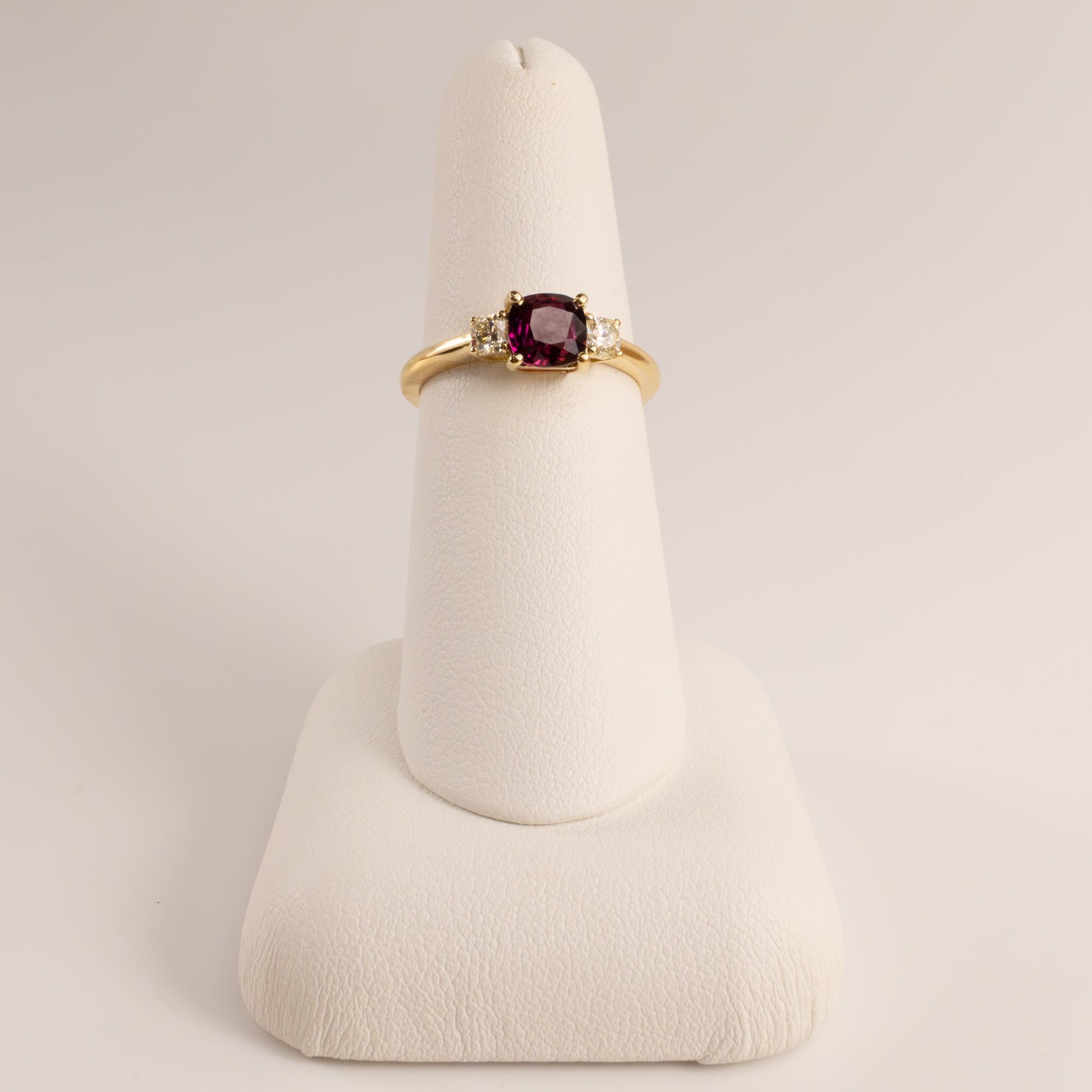18KYG Ruby and Diamond Cushion 3-Stone Ring