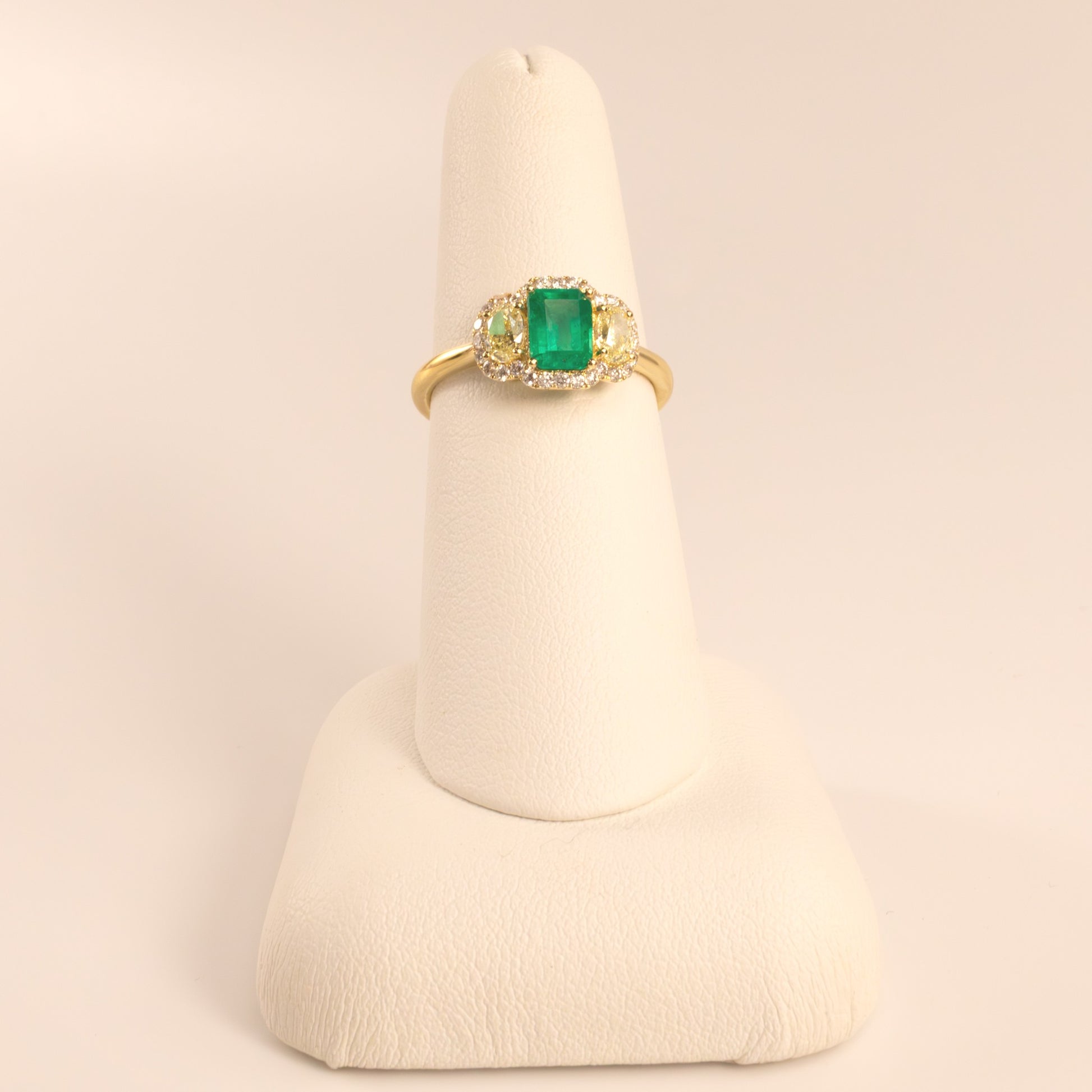 18KYG Emerald and Yellow Diamond Three Stone Ring