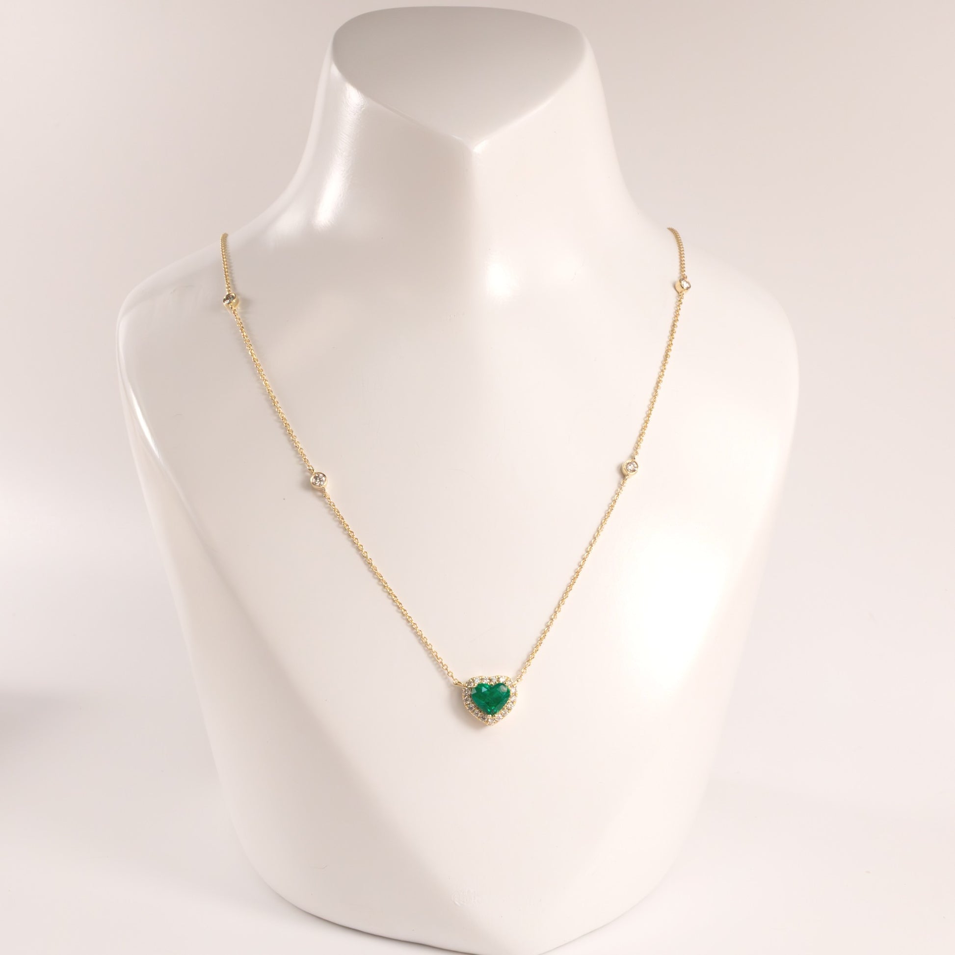 14KYG Emerald Heart and Diamond Halo with Diamond by the Yard Chain Necklace
