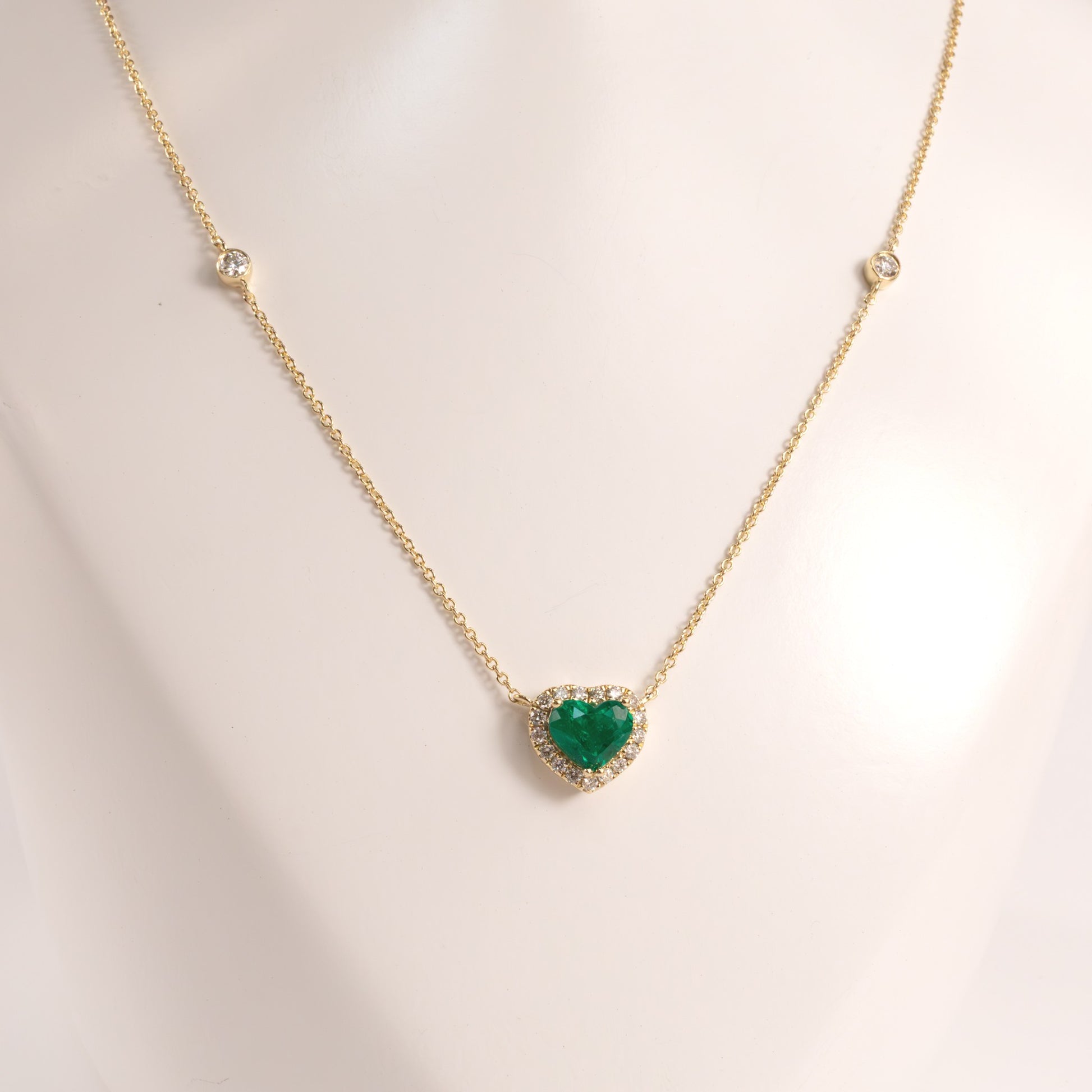 14KYG Emerald Heart and Diamond Halo with Diamond by the Yard Chain Necklace