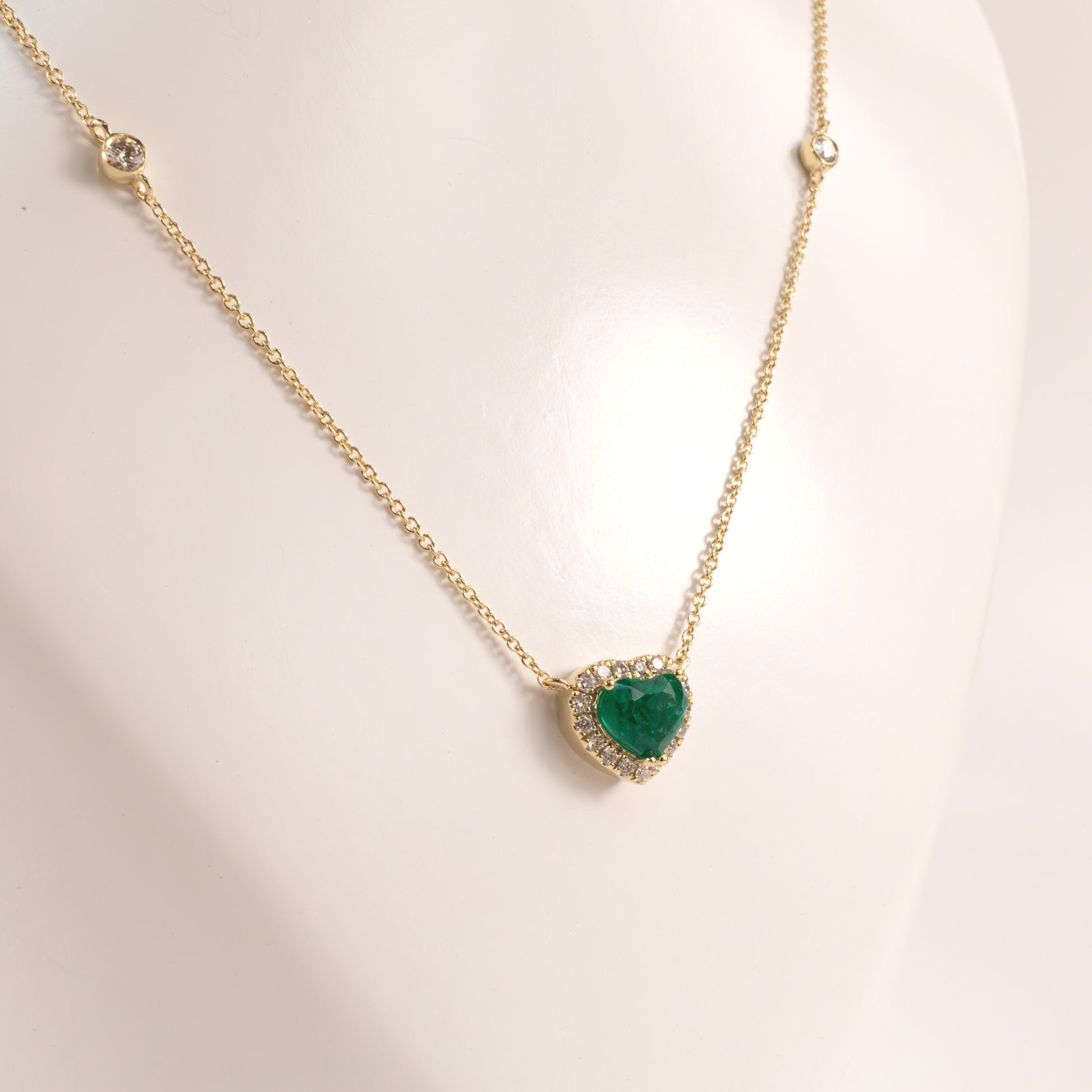 14KYG Emerald Heart and Diamond Halo with Diamond by the Yard Chain Necklace