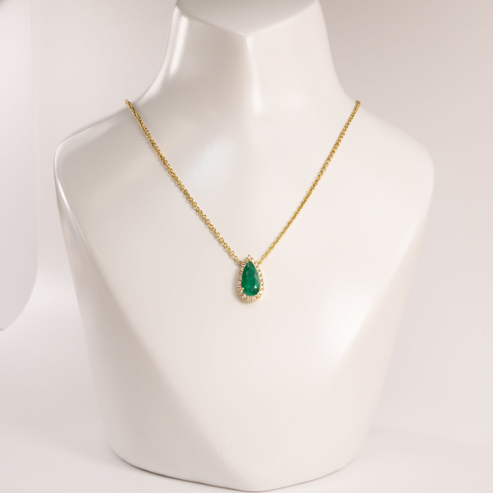14KYG Emerald Pear and Diamond Halo Fixed Necklace