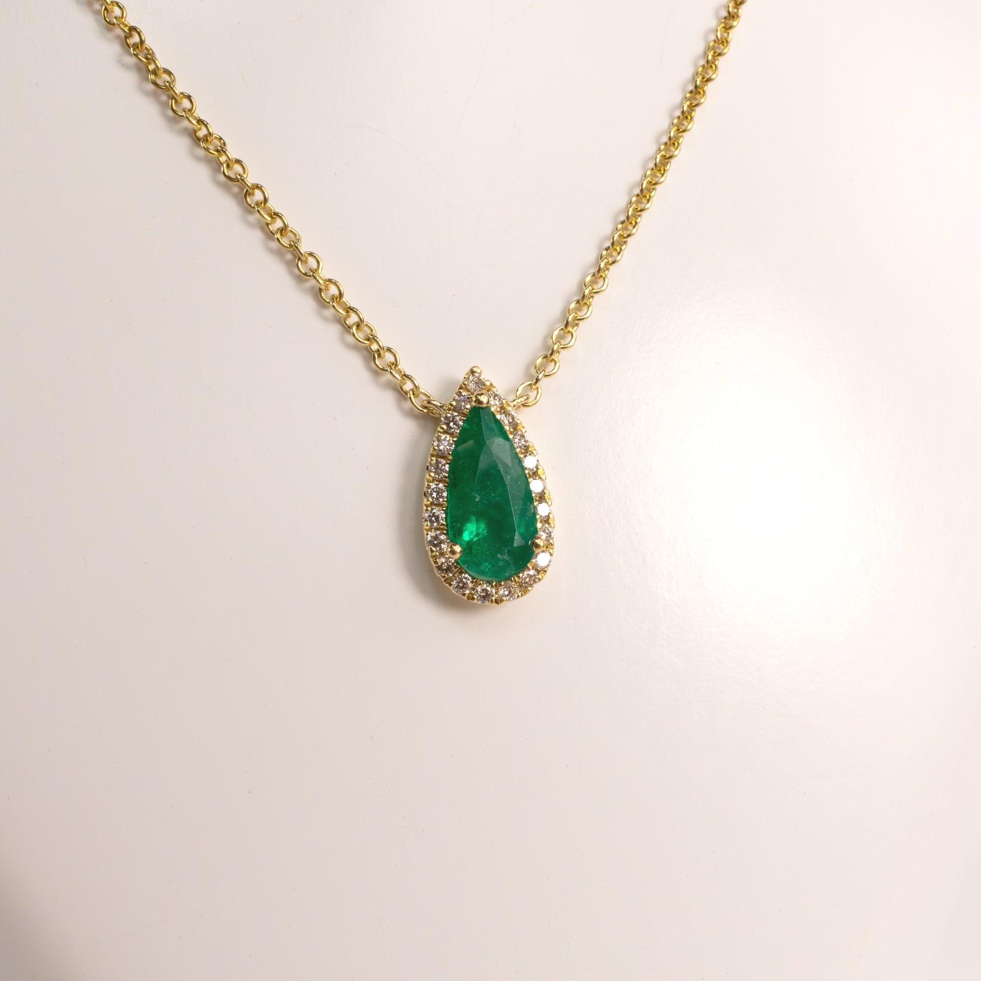 14KYG Emerald Pear and Diamond Halo Fixed Necklace