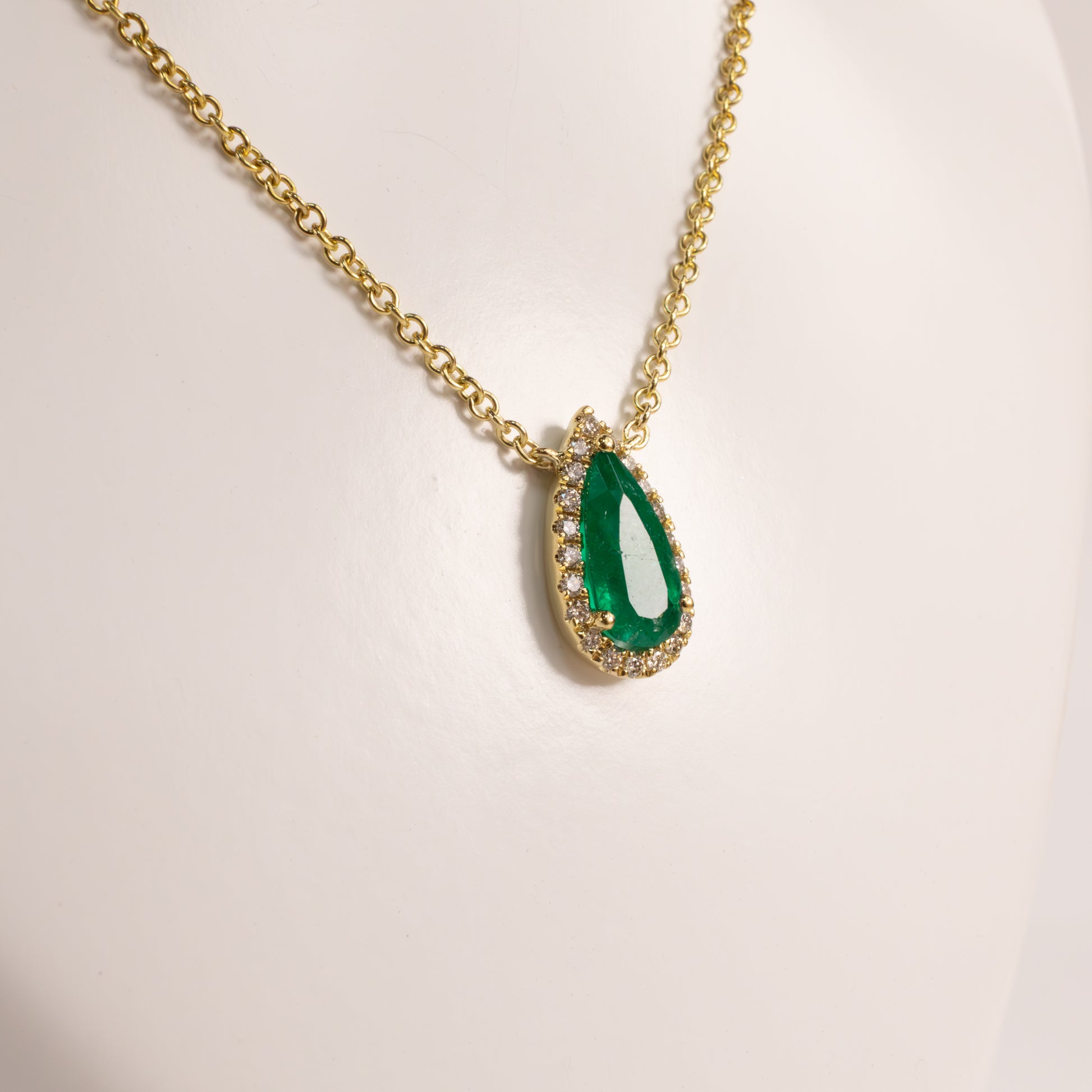 14KYG Emerald Pear and Diamond Halo Fixed Necklace