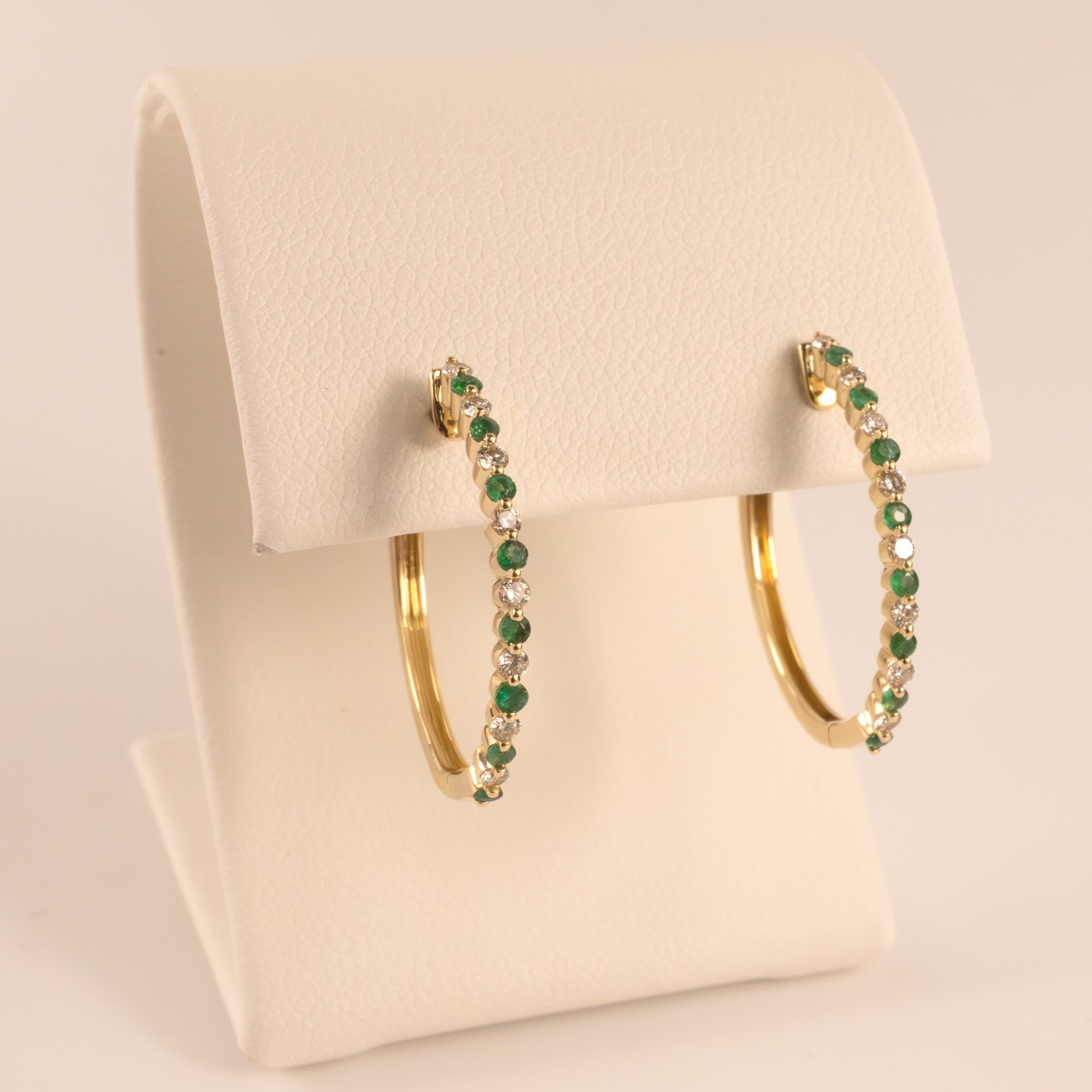 14KYG Emerald and Diamond Alternating Hoop Earrings
