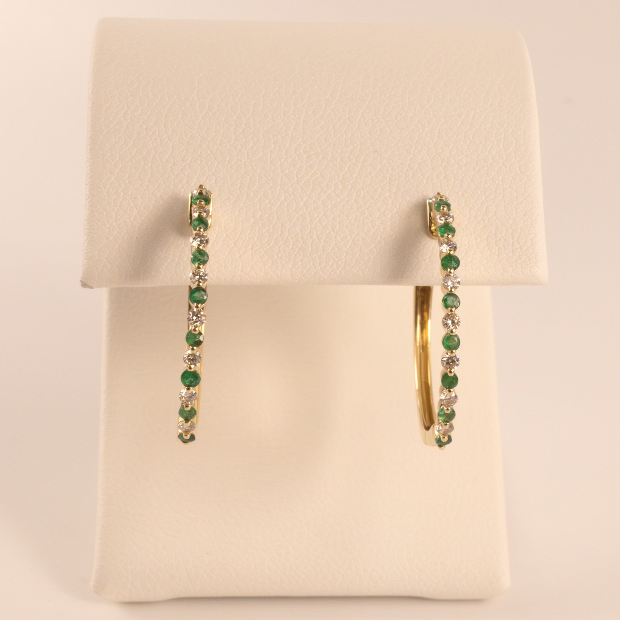 14KYG Emerald and Diamond Alternating Hoop Earrings
