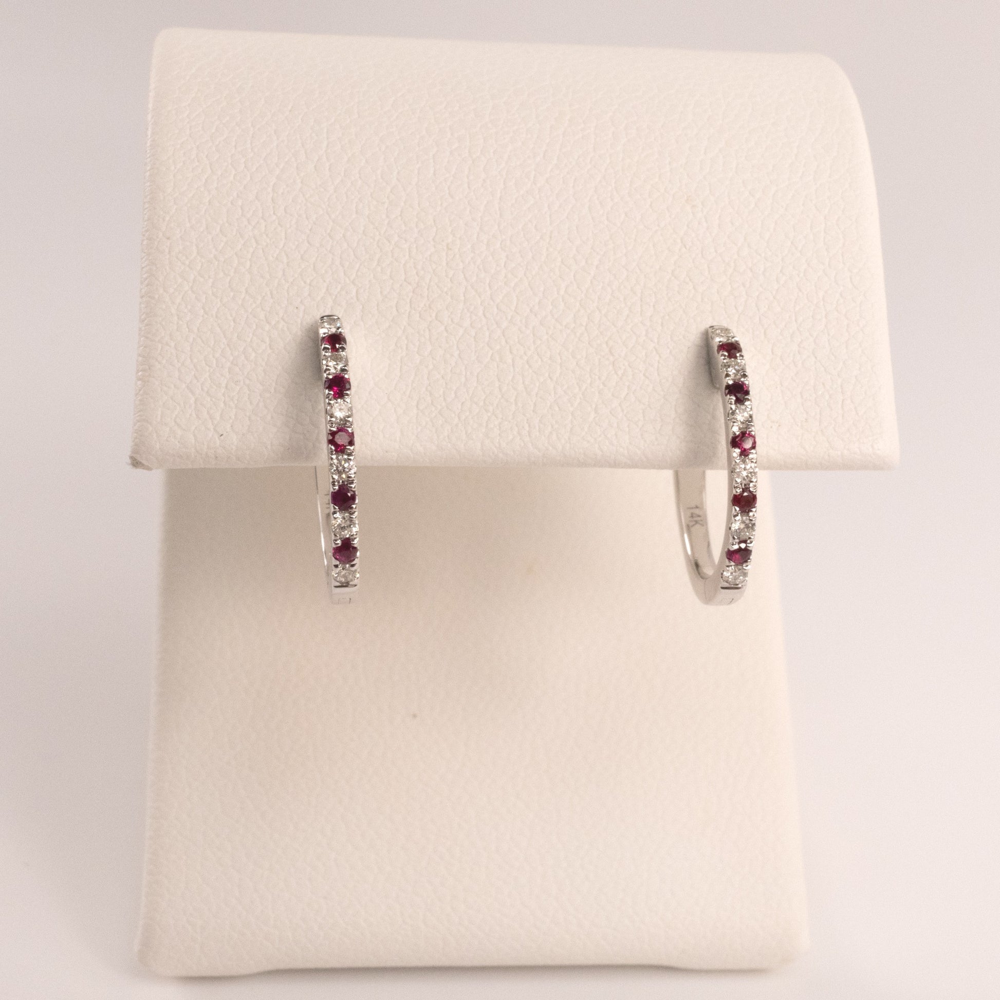 14KWG Ruby and Diamond Alternating Huggie Hoop Earrings