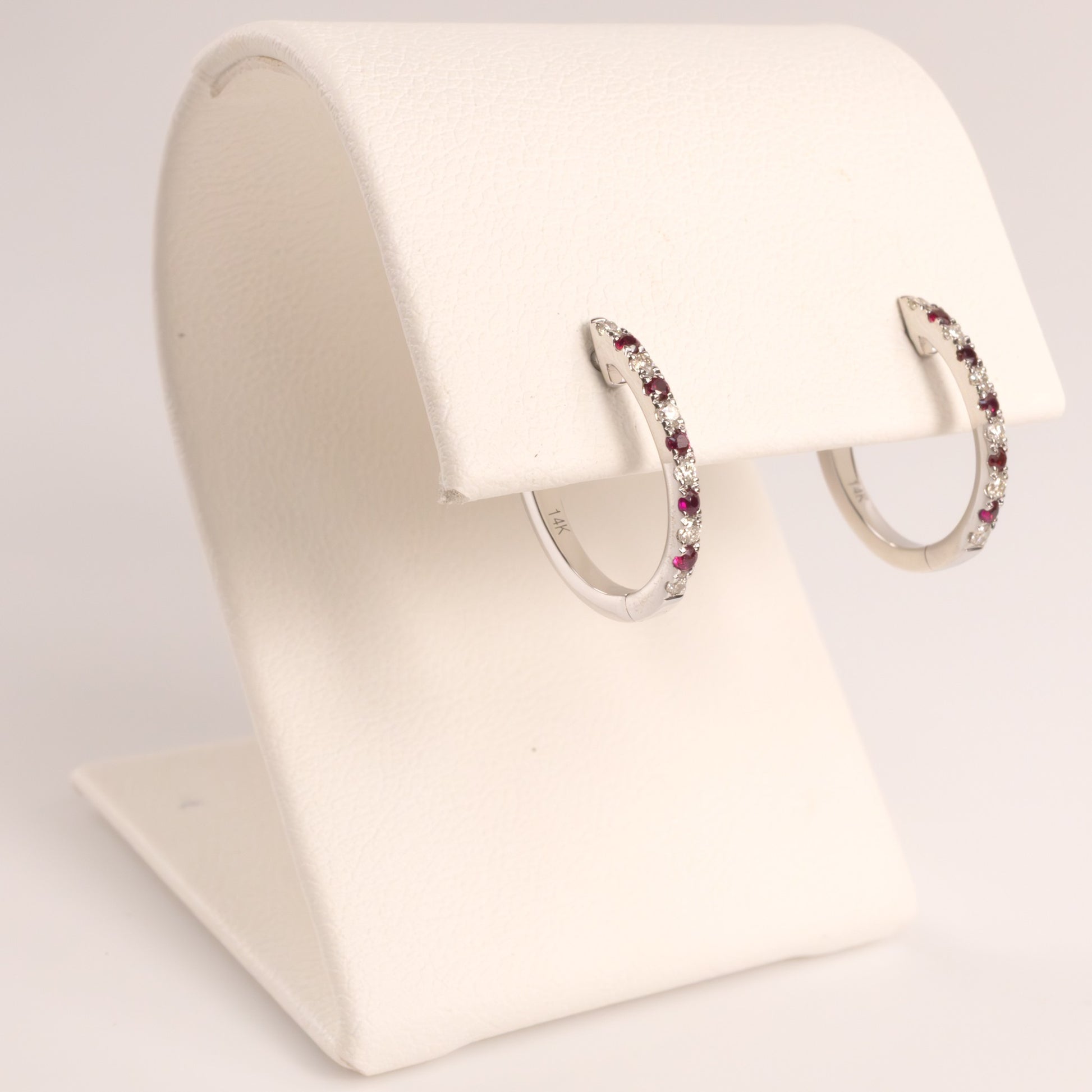14KWG Ruby and Diamond Alternating Huggie Hoop Earrings